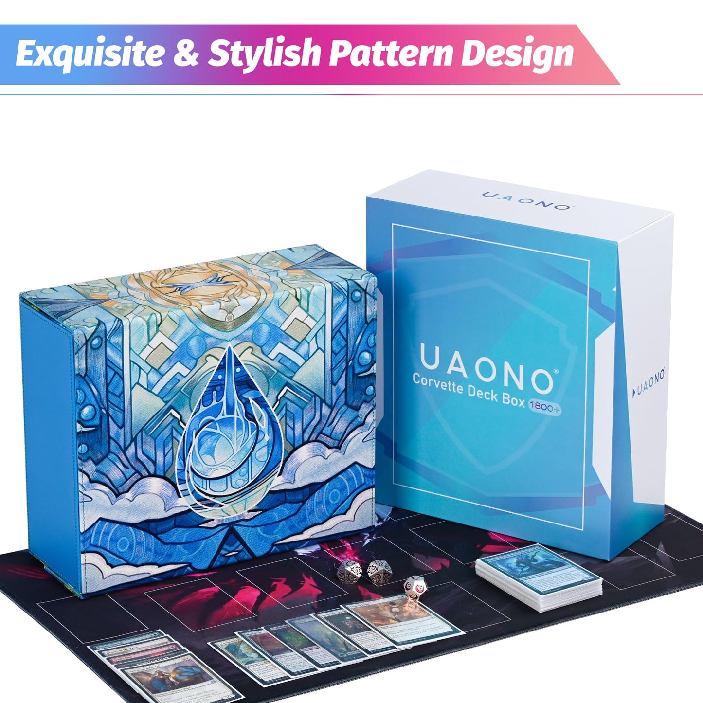 Uaono Card Storage Box For Mtg, Trading Card Deck Box Holds 1800+ With 6 Dividers, Leather Printing Magnetic Closure Card Storage Case Fits Tcg Ccg Sports Cards (Blue, Water Drop)