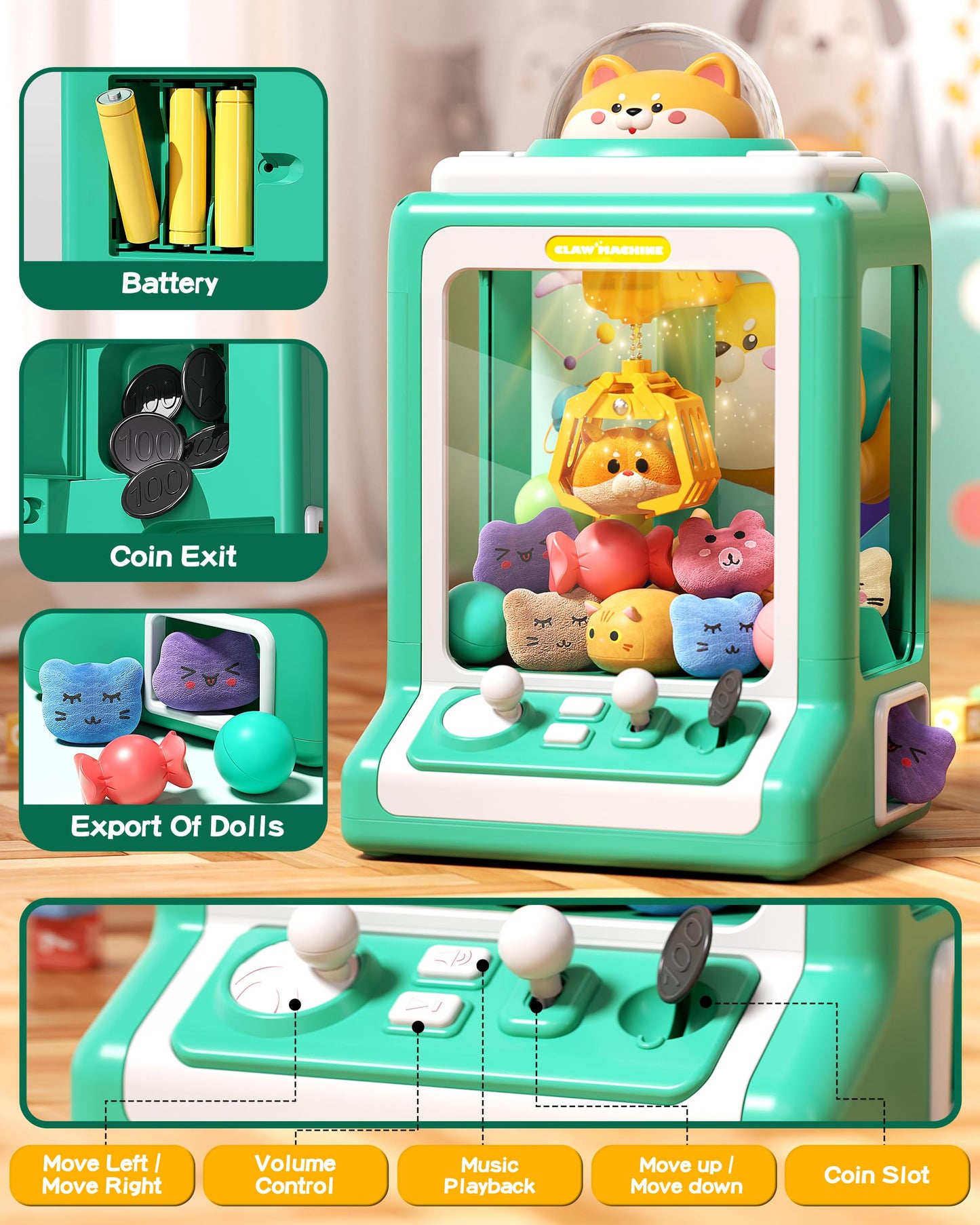 Claw Machine For Kids, Mini Vending Machine With Game Coins & Music, Prize Dispenser Toys For Girls And Boys, Electronic Claw Game Machine For Party Birthdays, Includes 30 Mini Toys (Doggy Green)