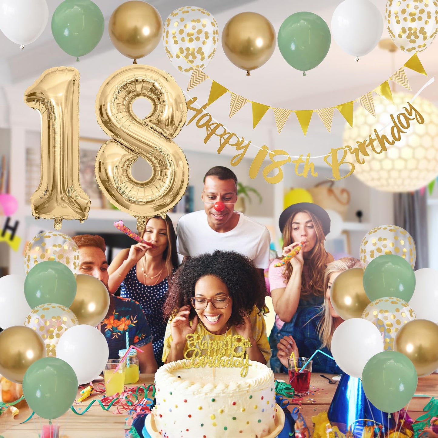 18Th Birthday Decorations For Boys Girls, Happy 18Th Birthday Banner With Birthday Cake Topper Number 18 Foil Balloon Sage Green