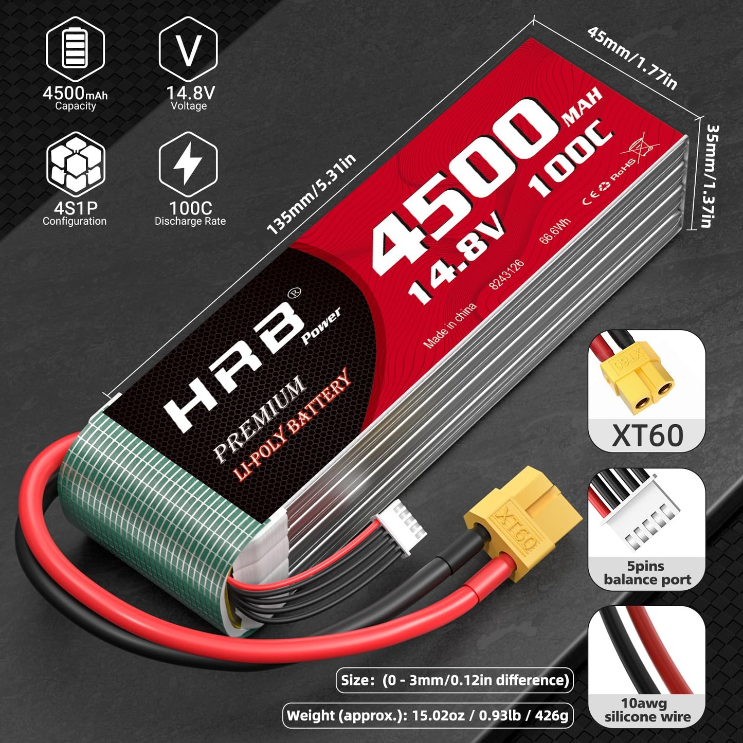 HRB 2packs 4S Lipo Battery XT60 4500mAh 100C 14.8V RC Lipo Battery Compatible with RC Car RC Plane RC Truck RC Boat