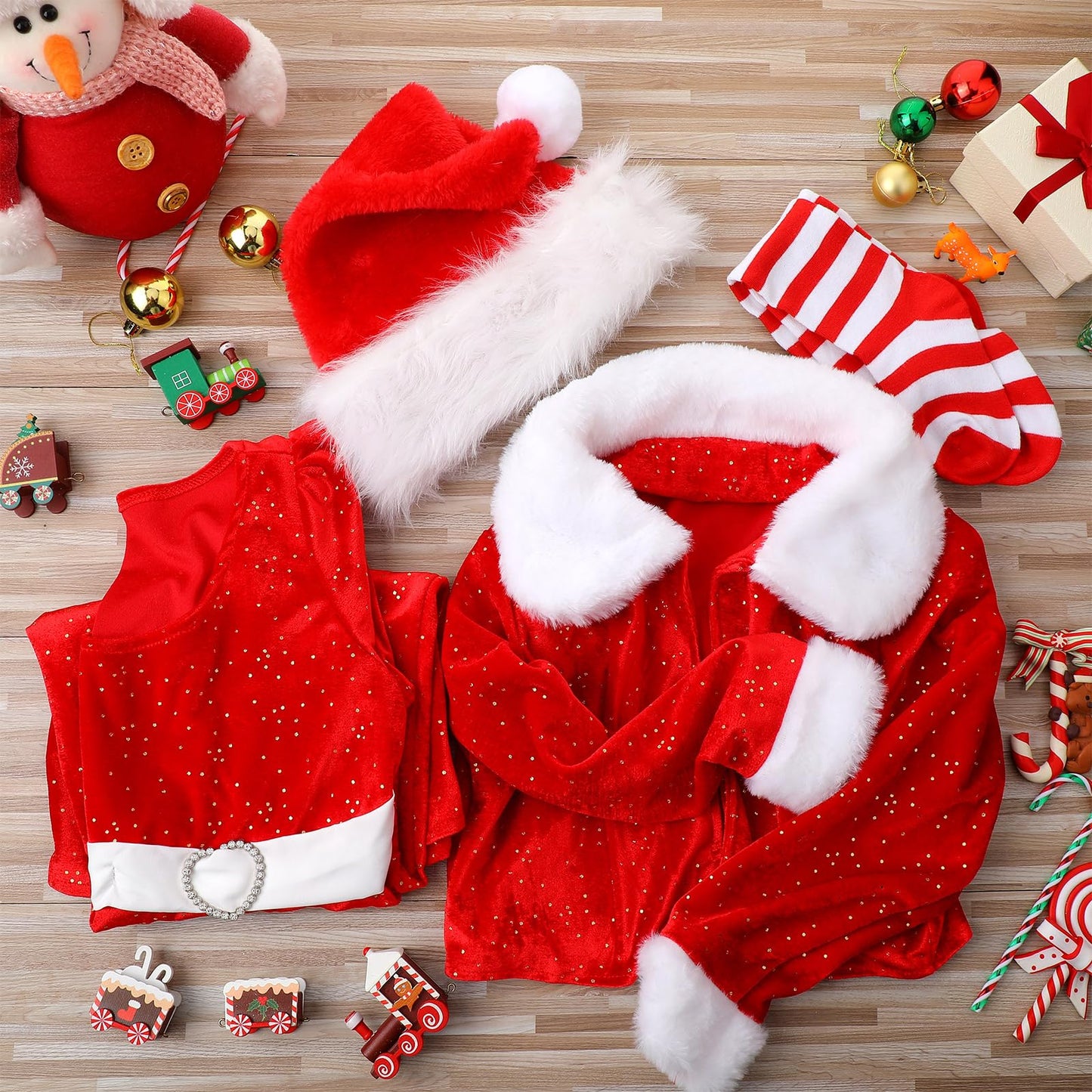 Panitay 4 Pcs Girls Christmas Costume Red Santa Claus Outfit Hat Jacket Dress Tights For Little Girls Kids Holiday Cosplay(Large