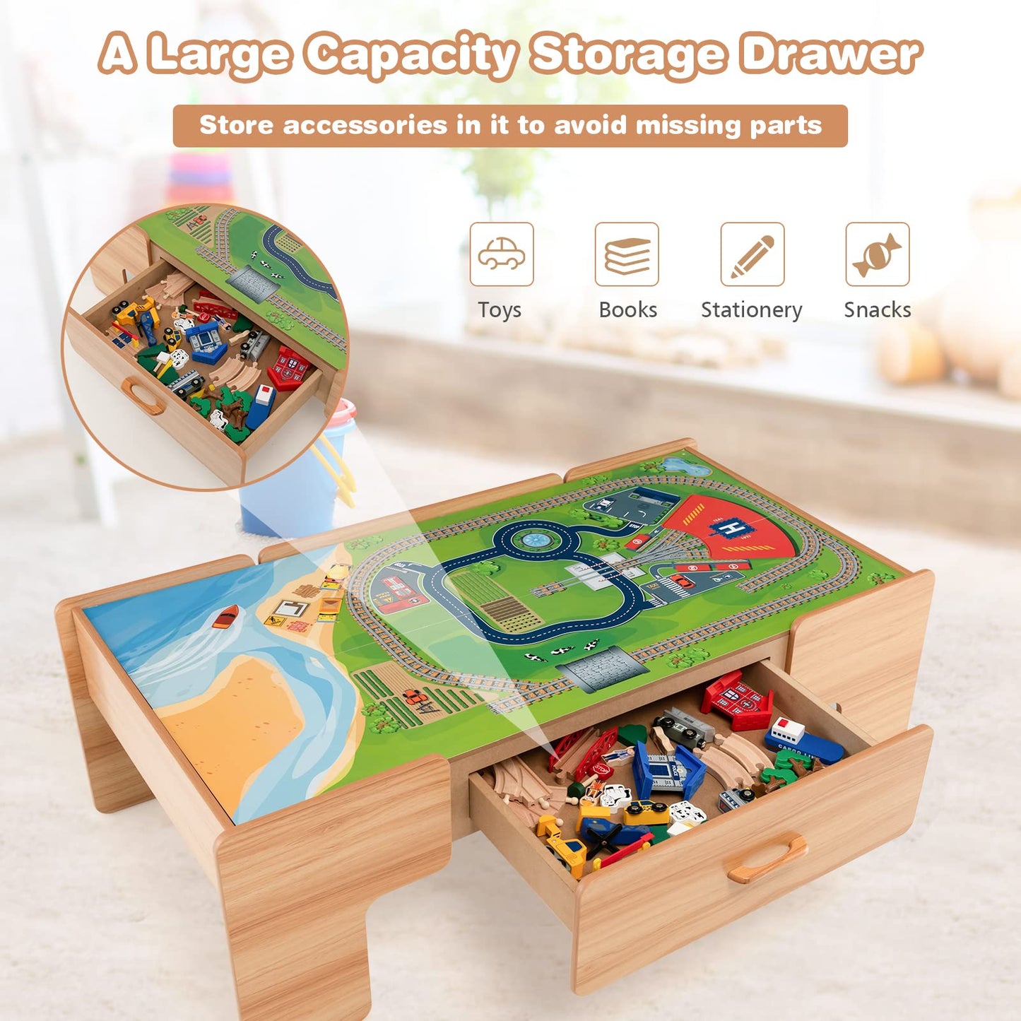 Honey Joy Train Table, Wooden Kids Activity Table With Storage, 100 Multicolor Pieces, Tracks, Trains, Cars, Toddler Train Table