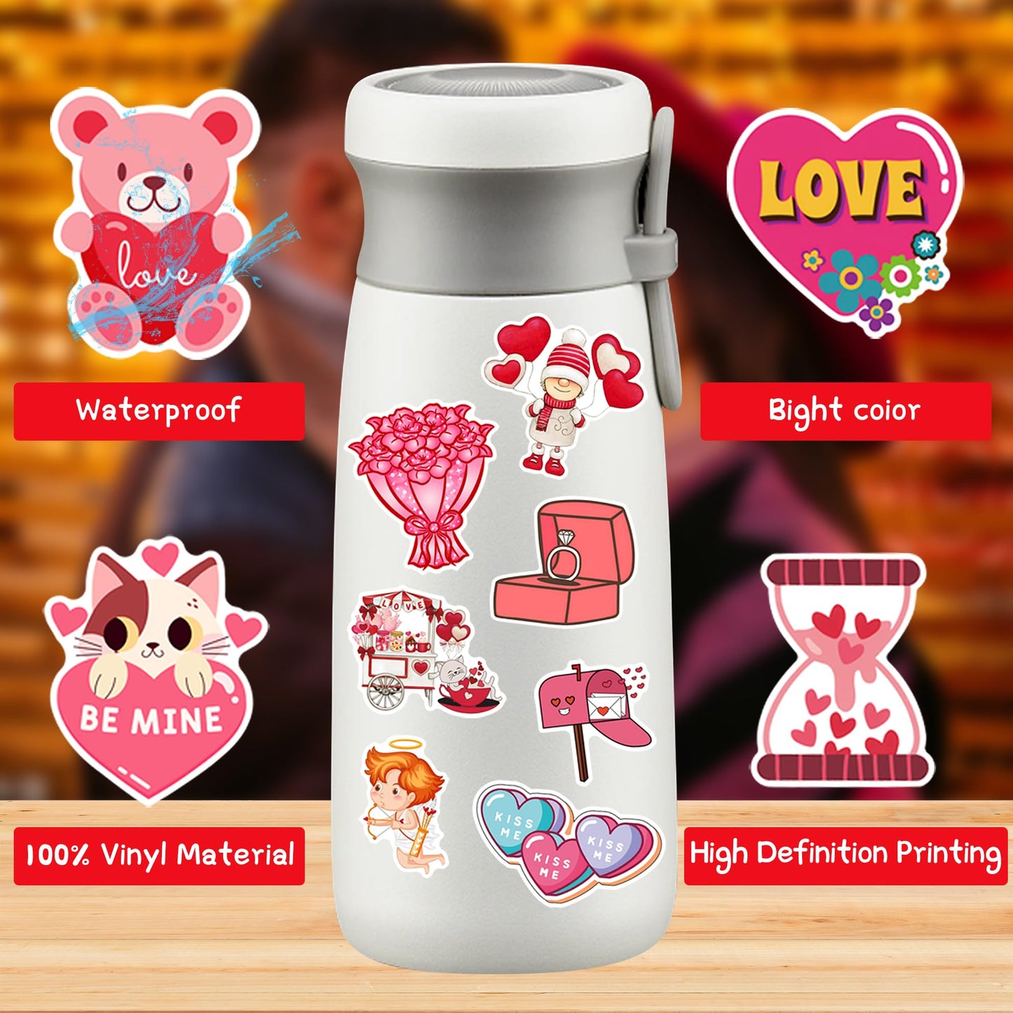 Xzentira, 100Pcs Valentines Day Stickers, Love Stickers, Waterproof Vinyl Stickers For Water Bottle, Laptop, Gifts, Skateboard,