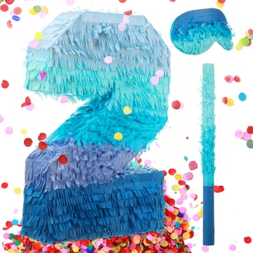Number 1 2 3 4 5 6 7 8 9 Piñata With Stick Blindfold Confetti, Gradient Blue Piñata For Kids Birthday Party Large Blue Piñata For Boys Girls Birthday Anniversary Decoration Supplies(Number 2)