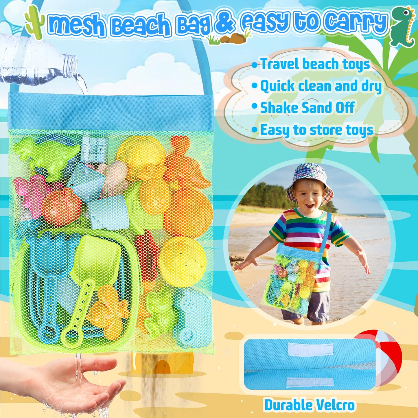 REZUCREY Beach Toys, Collapsible Sand Toys for Toddlers, Sand Bucket and Shovels Set with Mesh Bag Cute Sand Molds, Travel Sand