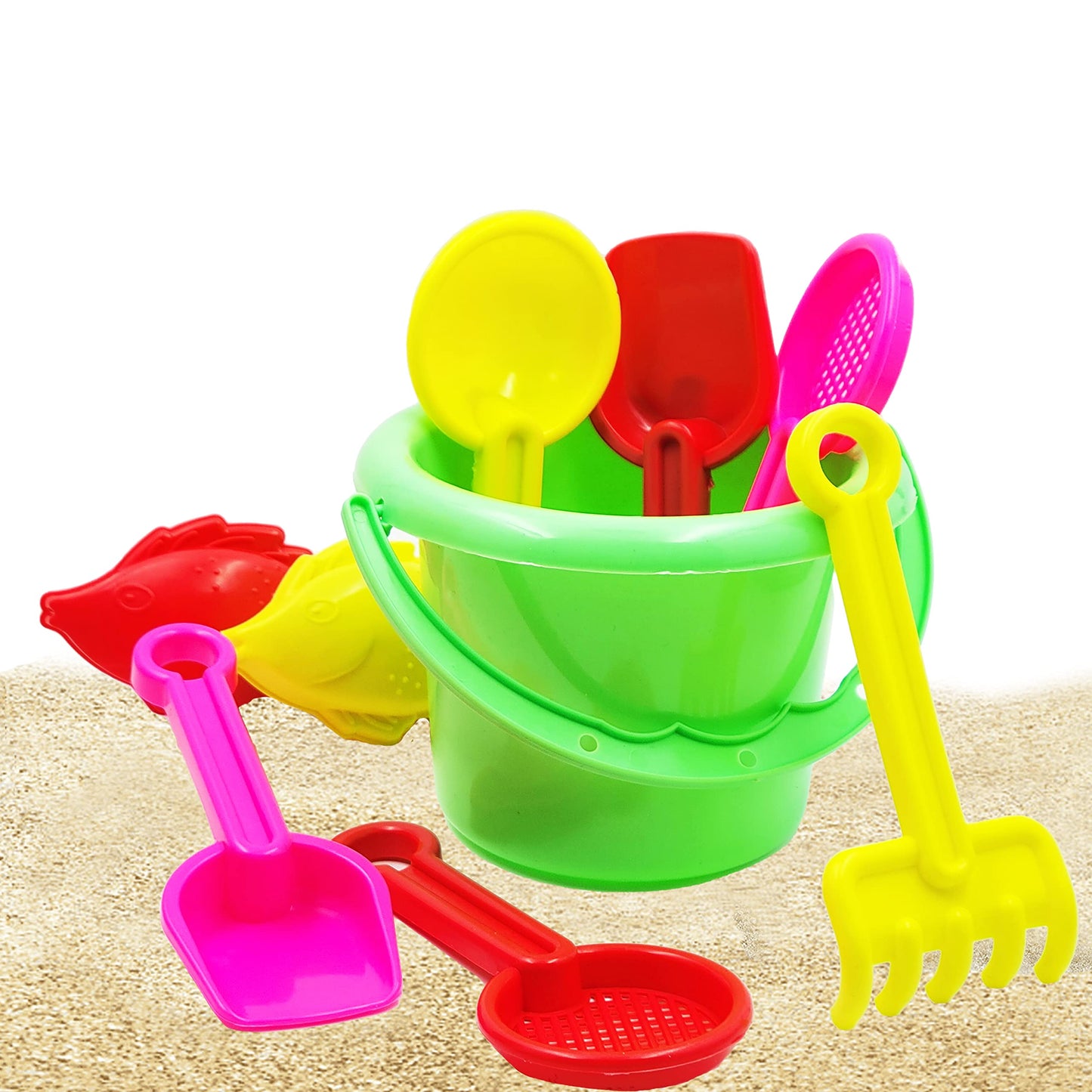 The Dreidel Company Mini Beach Day Playsets, 3.25'' Sand Bucket Play Set Box Includes, Pail, Shovel, Rake, Sifter Scoop, Dolphin