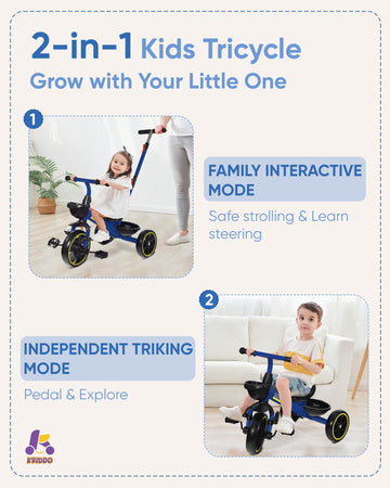 KRIDDO 2-in-1 Toddler Tricycle, Carbon Steel, Blue, Model TC011, Ages 18 Months to 5 Years, Foldable Footrest, Extended Push Handle