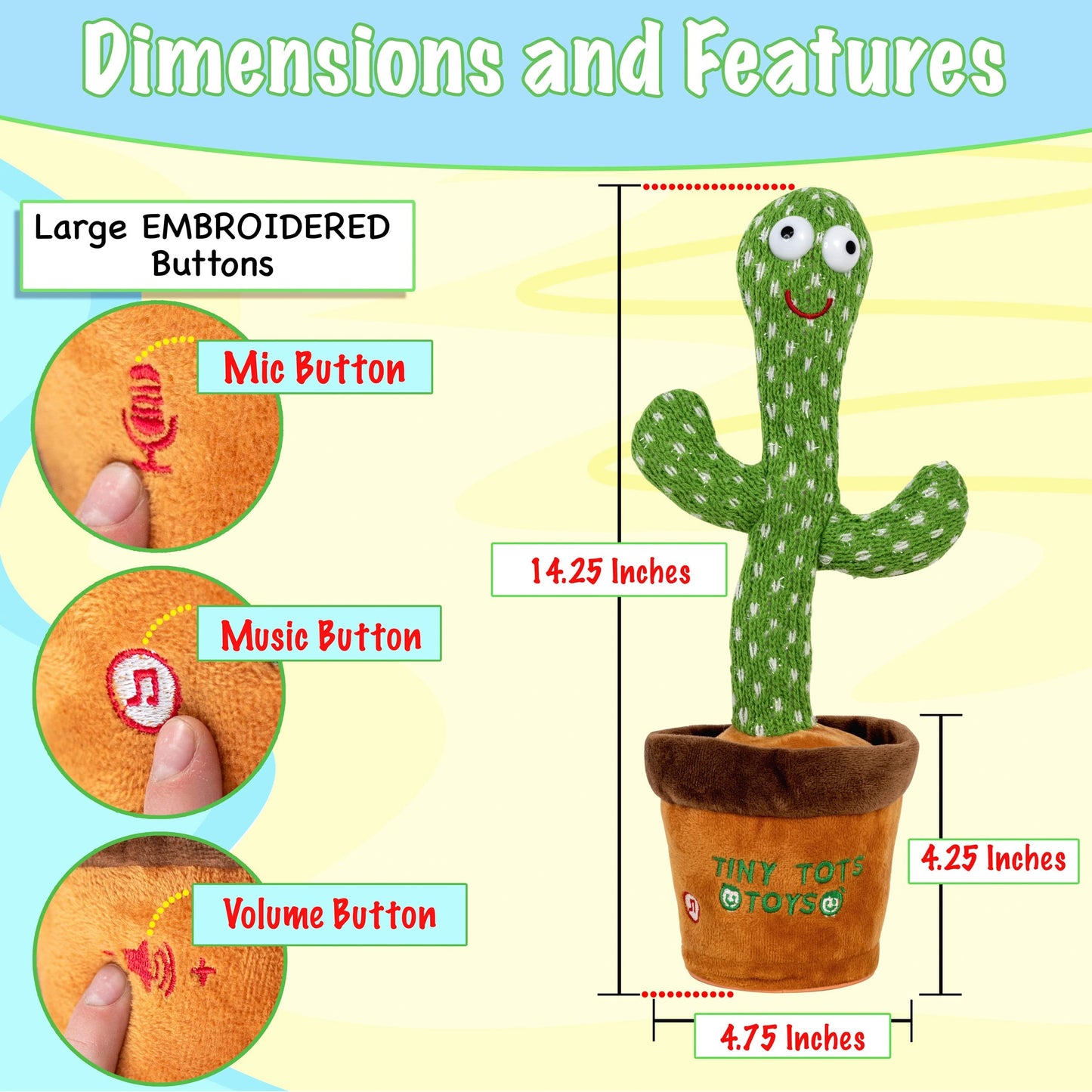 Tiny Tots Toys Dancing Cactus Mimicking Toy For Baby - Talking Cactus That Mimics And Sings - 125 Songs 35 Nursery Rhymes For Toddlers And Up | Repeats, Mimics And Wiggles With Dazzling Led Lights