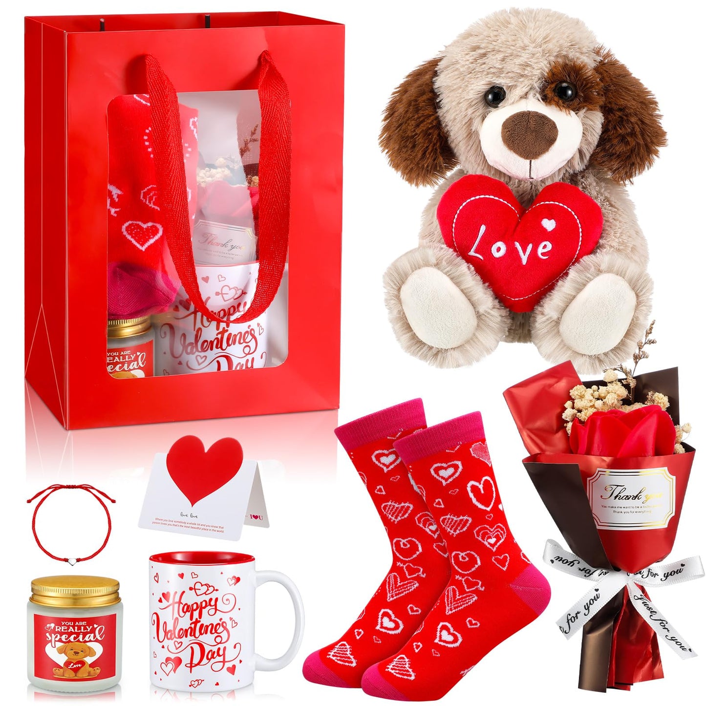 Syhood 8 Pcs Valentine Bear Dog Plush Stuffed Animals Gift Set Love Dog Stuffed Animal Roses Bouquet Coffee Mug Heart Crew Socks