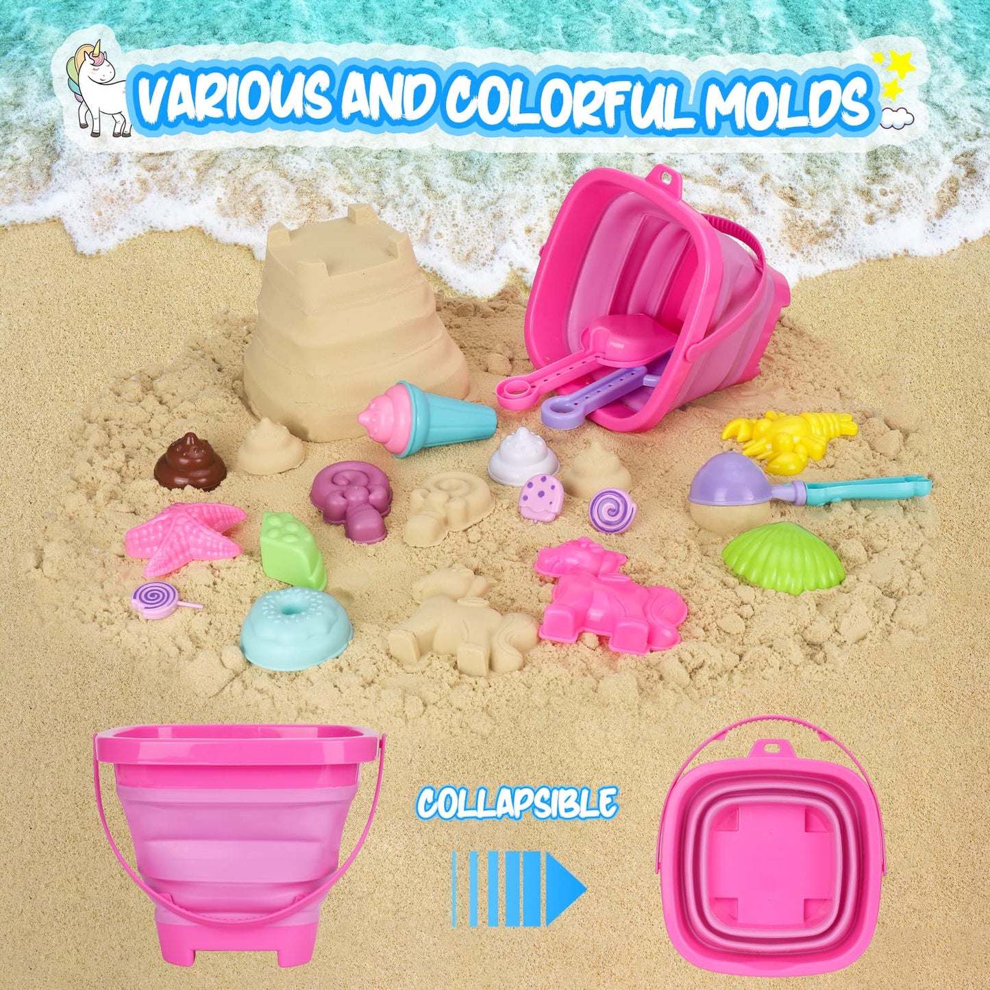 HUUIDY Beach Toys, 30Pcs Ice Cream Sand Toys, Sandbox Toys with Collapsible Sand Bucket and Sand Castle Kit, Cake, Lollipop, Sea