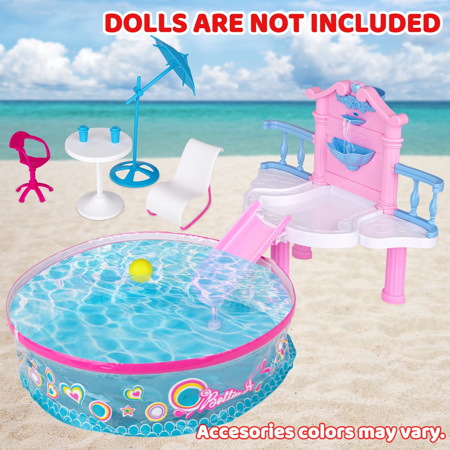 Glam Pool Playset, Deluxe Doll Pool With 7 Pcs Pool Accessories, Fits Dolls Up To 12 Inch, Kids Gifts For 3 To 8 Year Olds Girls, Bath Toys For Toddlers, Birthday Xmas Toy Gifts For Girls Kids Aged 3+