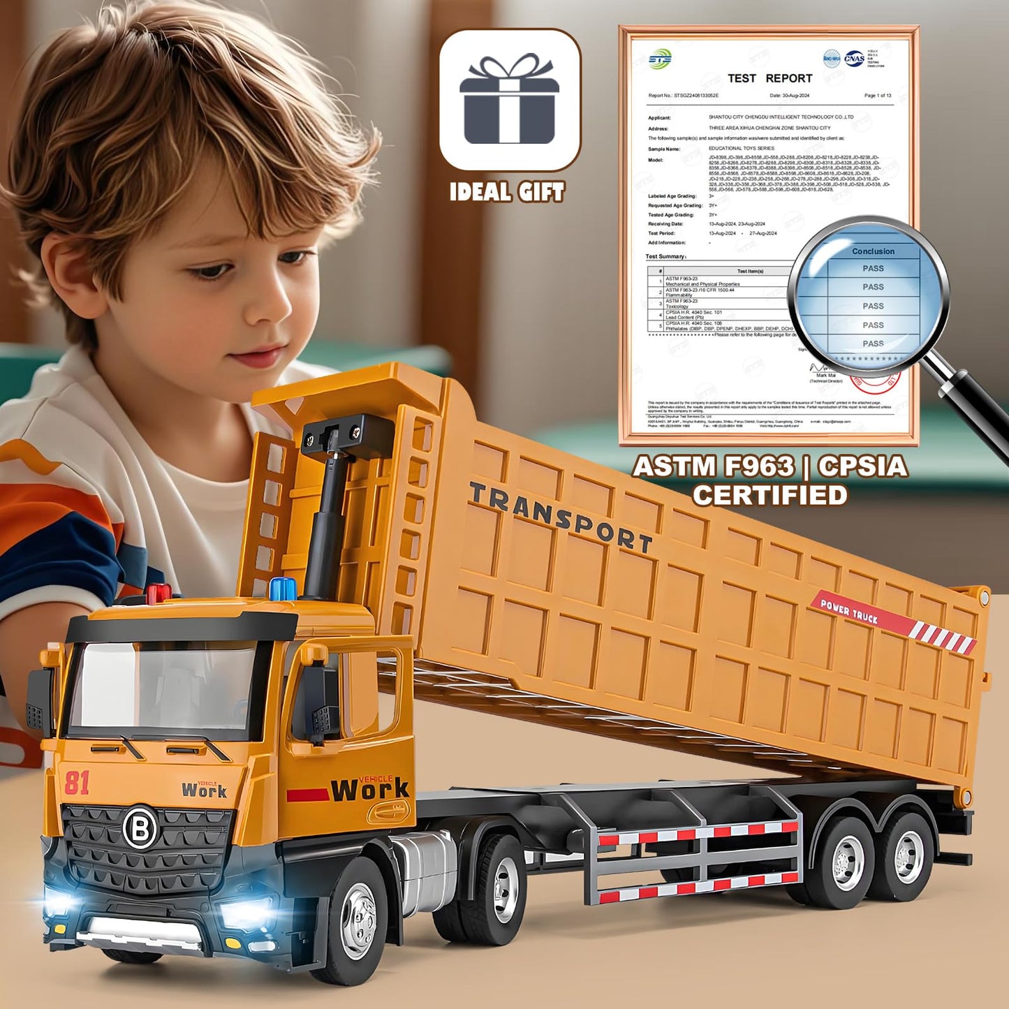 HAPYAD Dump Truck Toy for 3 4 5 6 7 Years Old Boys, Large Semi Truck with Metal Cab, Lights and Sounds, Friction Powered Tractor
