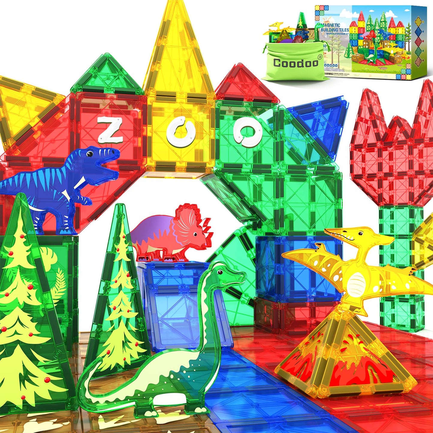 Coodoo Dinosaur Toys Magnetic Tiles Jungle Dinosaur World Starter Set - Kids Games Boys Ages 3-5 4-6 Girls STEM Magnetic Blocks