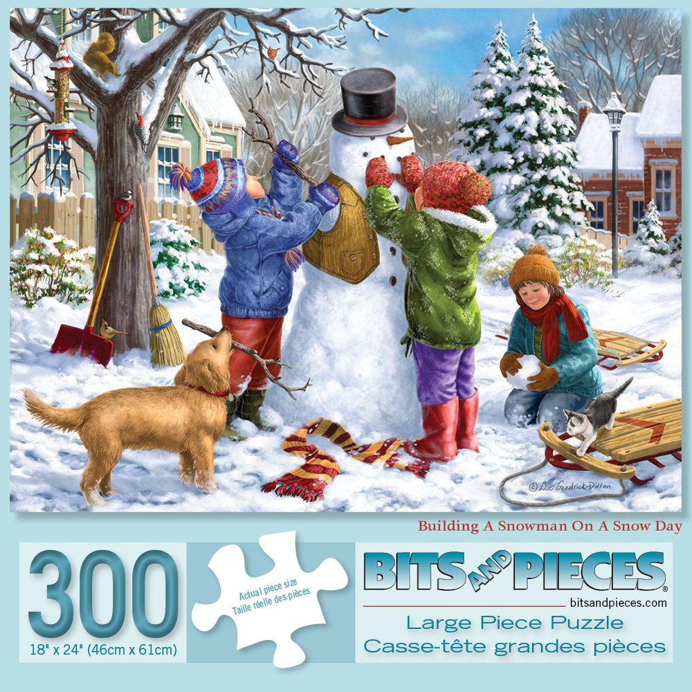 Bits And Pieces – Value Set Of Two 300 Piece Jigsaw Puzzles For Adults – Building A Snowman On A Snow Day, Sunrise Feasting - Winter Snow Jigsaw Puzzles By Artist Liz Goodrick - Dillon