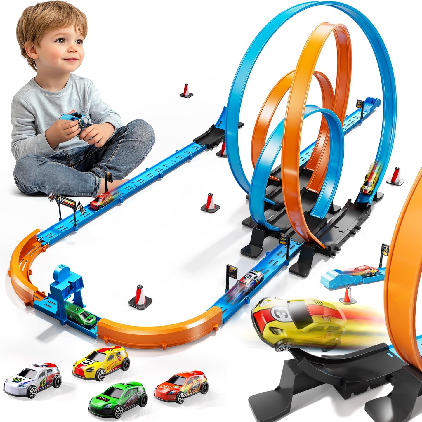 Lilybuds Toy Car Race Track Set For Boys Kids Age 3-5 4-7, Race Tracks With 4 High-Speed Pull Back Race Cars And Crash Zones, Ch