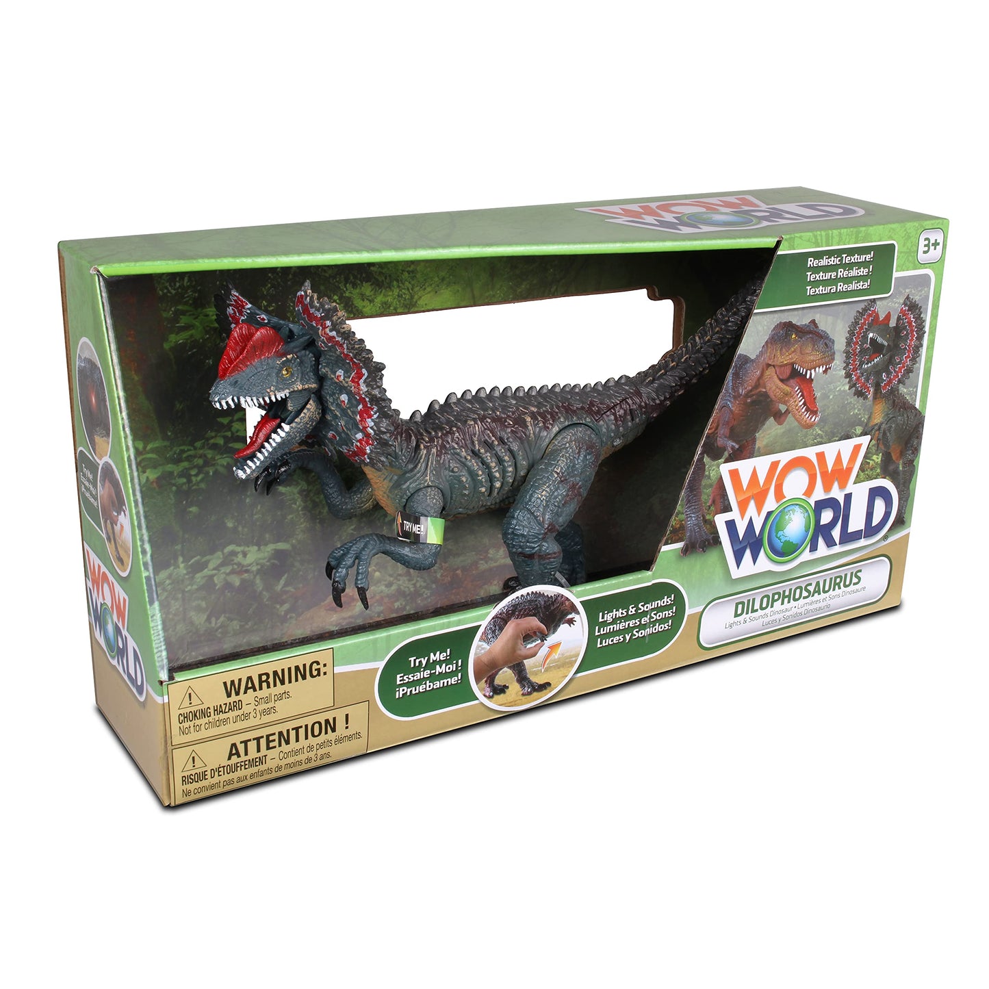Nkok Wowworld B/O Dilophosaurus (Lights & Sounds), Realistic Roars By Rotating An Arm, Red Led Lights In Mouth And Along Ribs, Articulated In Mouth, Arms, Legs And Tail, Great Gift