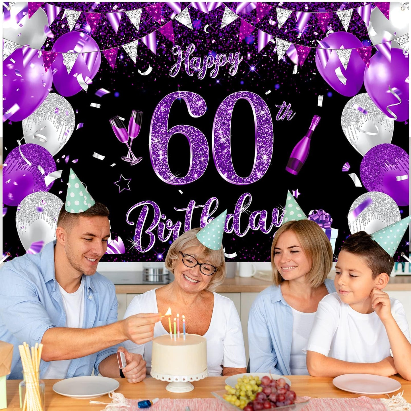 Purple 60Th Birthday Decoration Banner For Women Large Black Purple Silver Happy 60Th Birthday Banner Purple And Black 60Th Backdrop Background For 60Th Birthday Anniversary Party Supplies