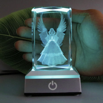 Vskikris 3D Laser Crystal Guardian Angel Figurine With Night Light Stand Base - 3D Engraving Crystal Angel Figurine And Statues Gift