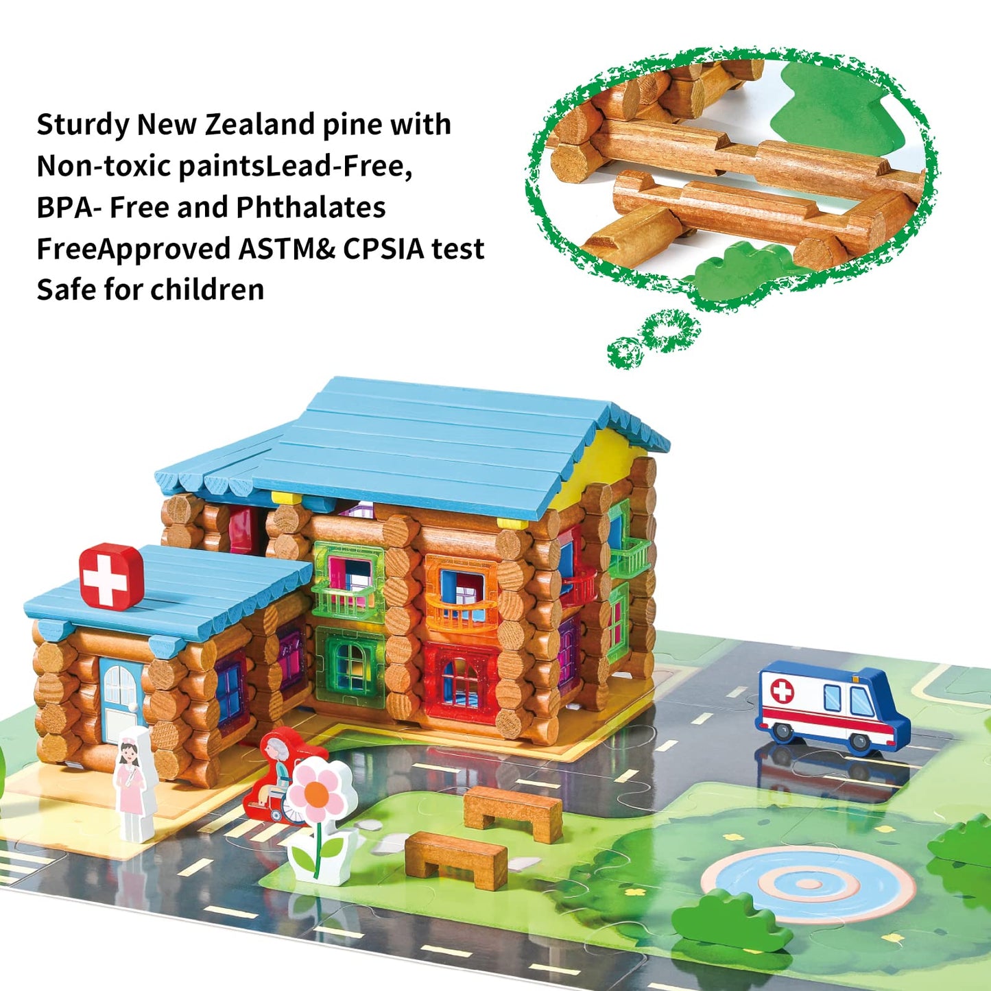 Wondertoys 239 Pieces Real Wood Logs Set Ages 3+, Classic Building Log Gift Set For Boys/Girls- Creative Construction Engineering - Top Blocks Game Kit - Preschool Education Toy