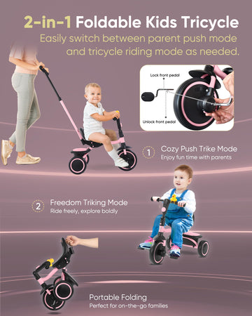 RIDYEE Tricycle for Toddlers 18 Months to 5 Years with Removable Push Handle, Tricycles for 3-5 Year Olds Ideal for On-The-Go Fa