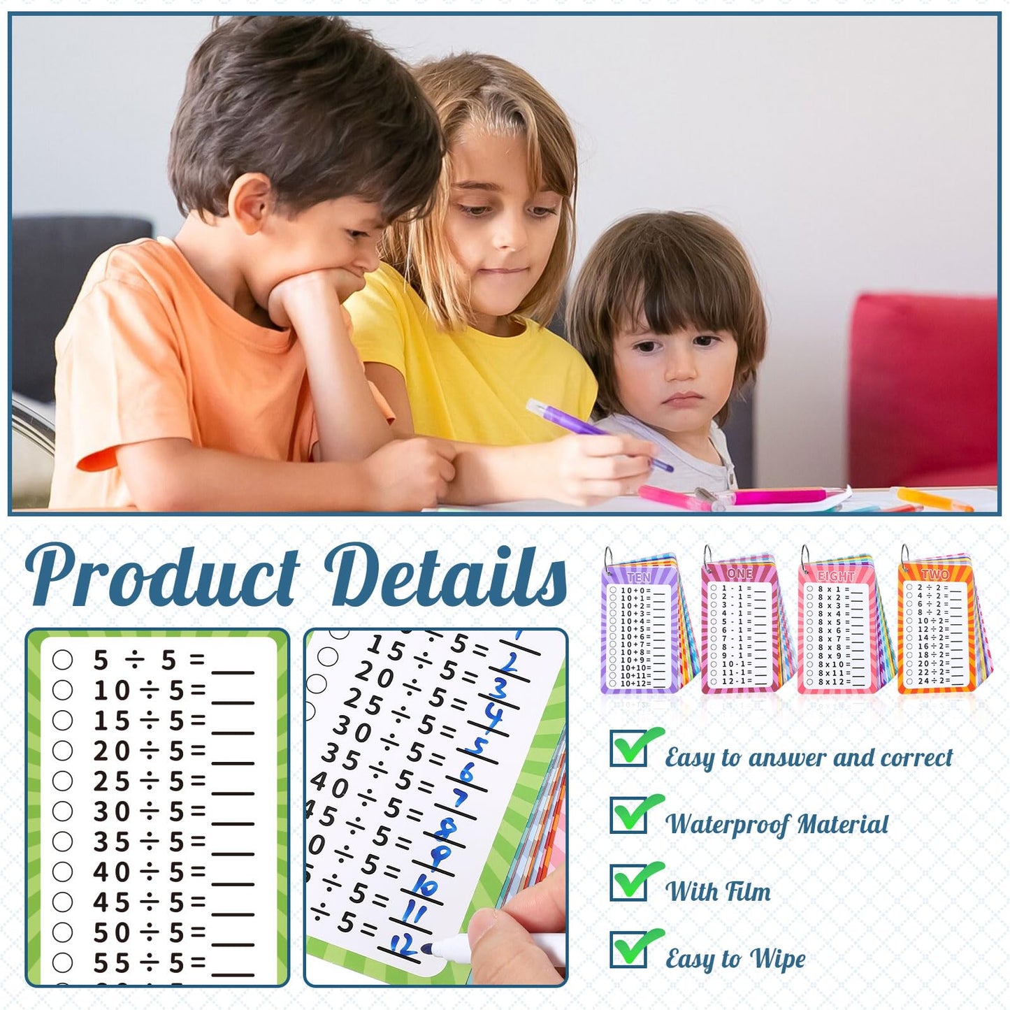 4 Packs Of 49 Pcs Multi Math Flash Cards, Addition, Subtraction, Multiplication, & Division Flashcards With 2 Dry Erase Markers
