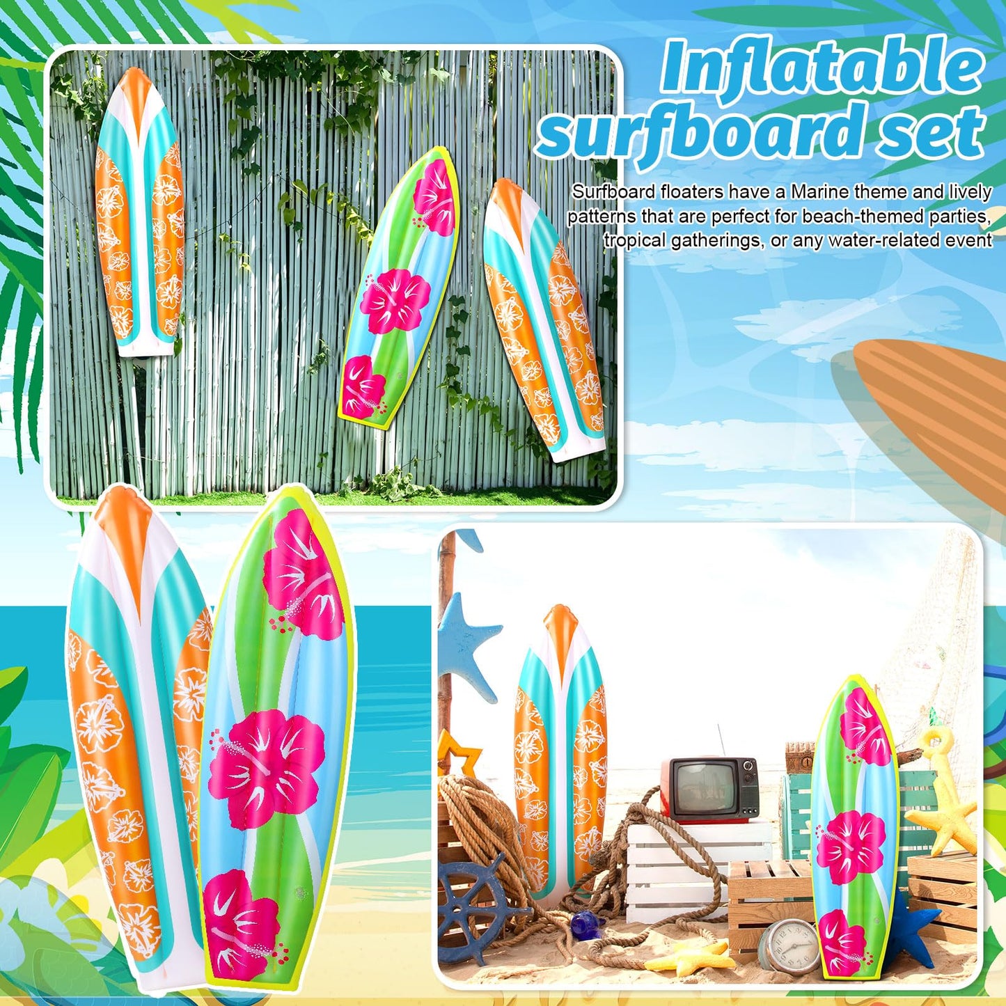 JellyArch 4 Pcs Inflatable Surf Board 36 Inch Inflatable Pool Floats Luau Hawaiian Party Decorations Tropical Flower Blow up Sur