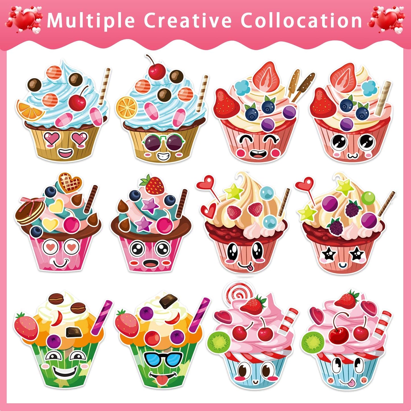 24 Sheets Make-A-Face Cupcake Stickers Make Your Own Dessert Stickers Mix And Match Sweets And Fruit Treats Party Favor Supplies