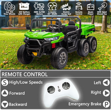 Sopbost 2 Seater 24V Kids Ride On Truck With Electric Dump Bed, Extra Shovel, 4Wd Battery Powered Ride On Toy Car With Remote Control, Music Play, Eva Tires Wheels, Green