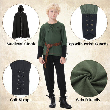 Ezuwail 4PCS Boys Renaissance Costumes Outfit Kids Medieval Viking Costume Sets for Halloween Boys Renaissance Accessories with