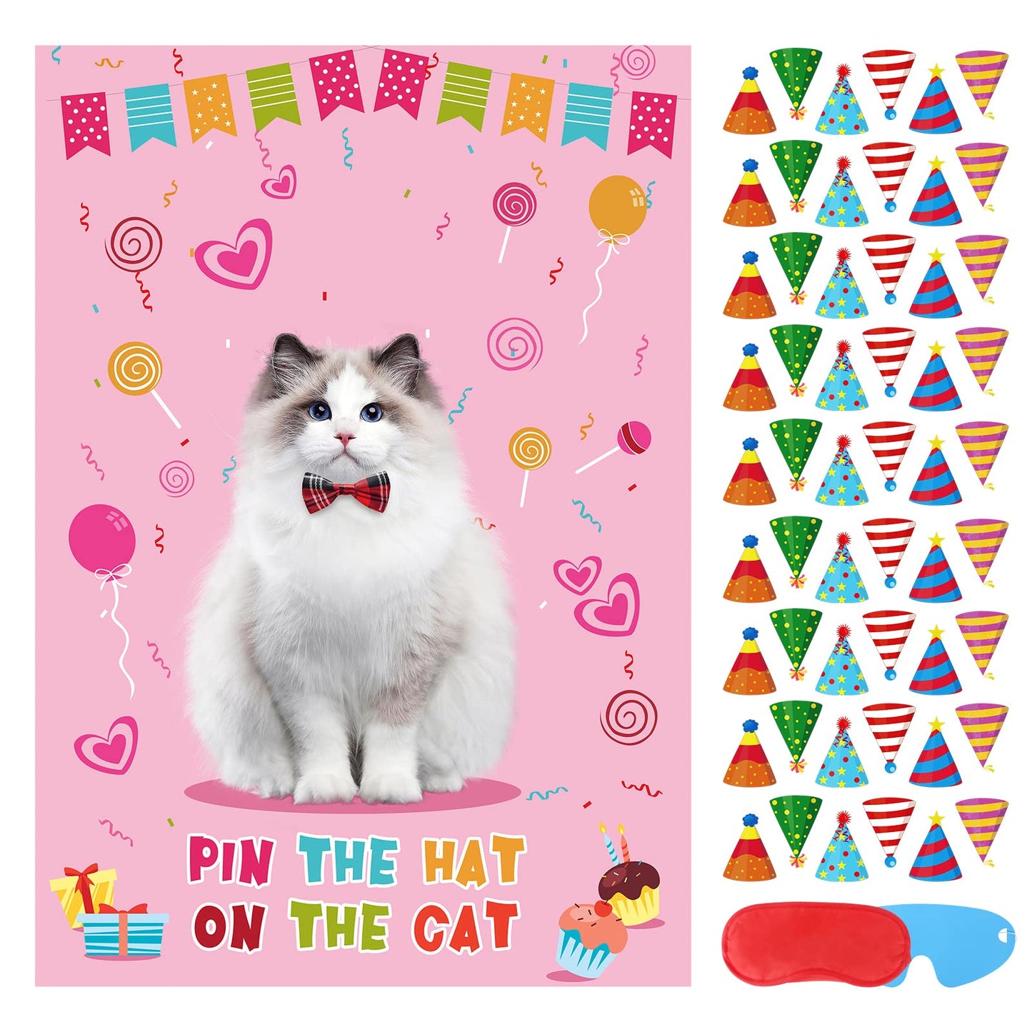 Pin The Hat On The Cat Party Game Cat Birthday Party Games For Kids, Cat Birthday Party Supplies Decorations For Girls Boys, Large Pin The Tail Poster With 54 Hat Stickers