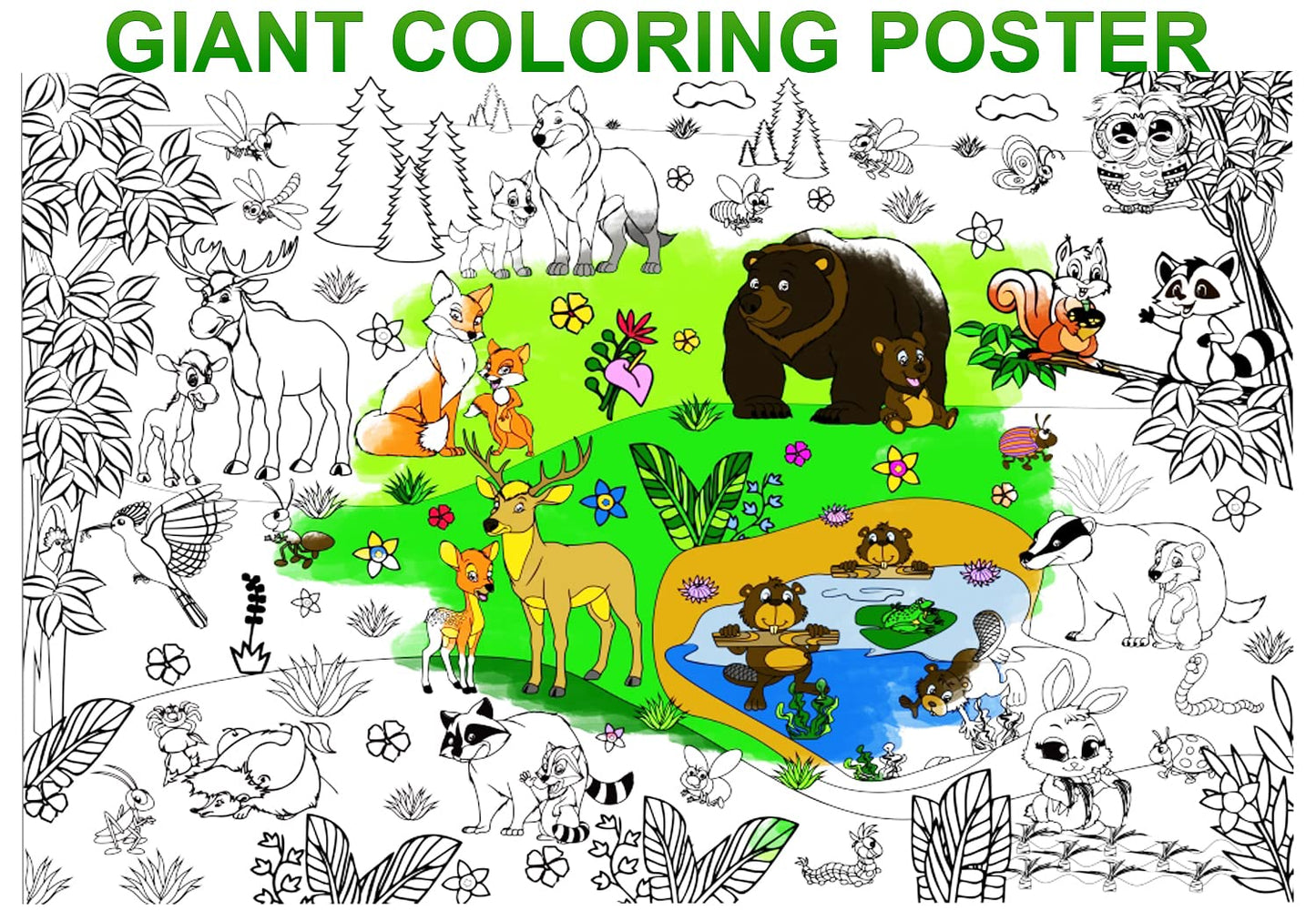 Alex Art Large Coloring Poster - Animals Giant Coloring Sheet For Children - Super Huge Wall Coloring Posters For Kids - Family Big Coloring Page - Jumbo Coloring Book Table Floor Size 38.5'X26.7'