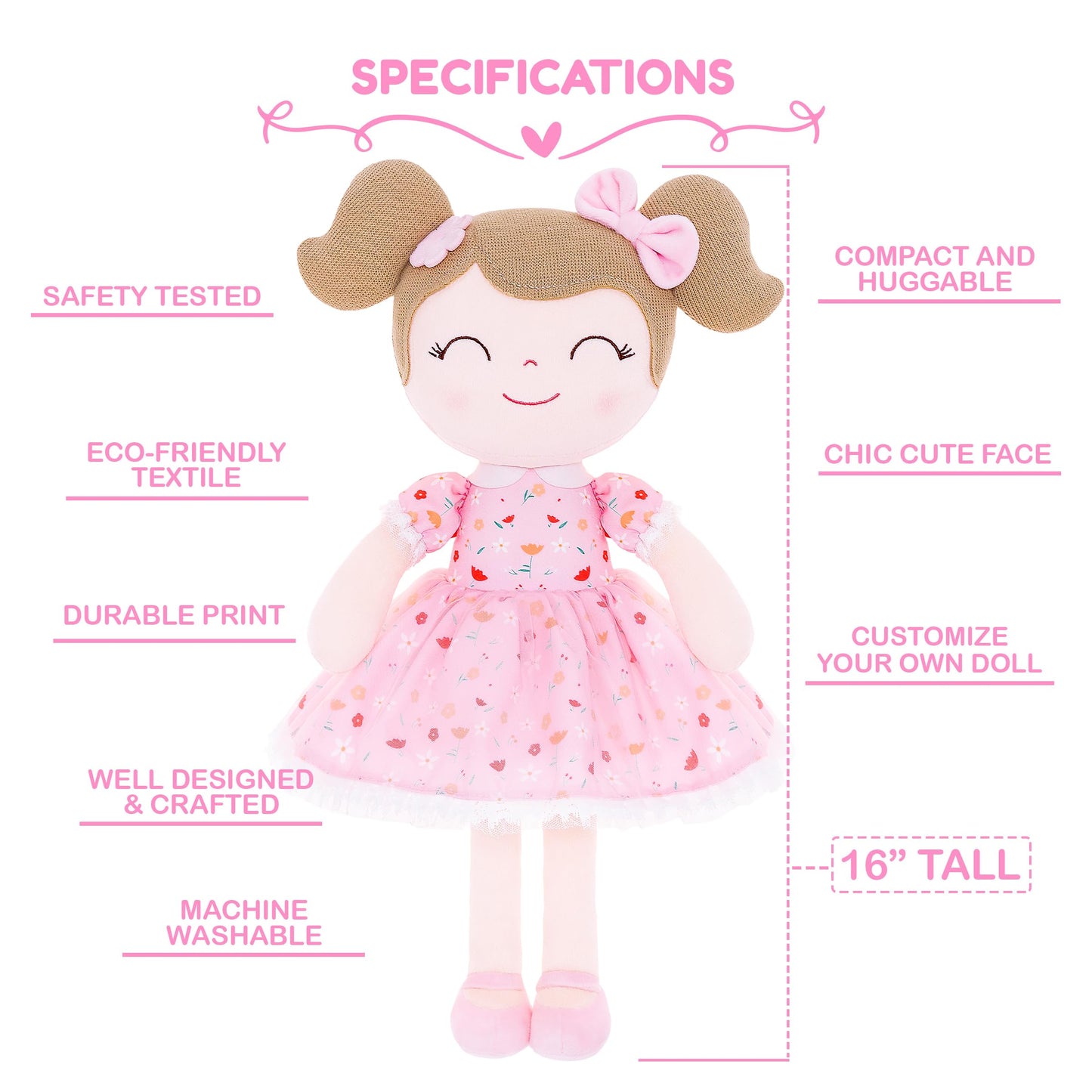 Gloveleya Personalized Doll With Your Name - Cute Floral Pink Custom Soft Plush Doll For Girls Plush Doll Customized Gifts - Muñecas De Trapo Personalizadas Para Niñas