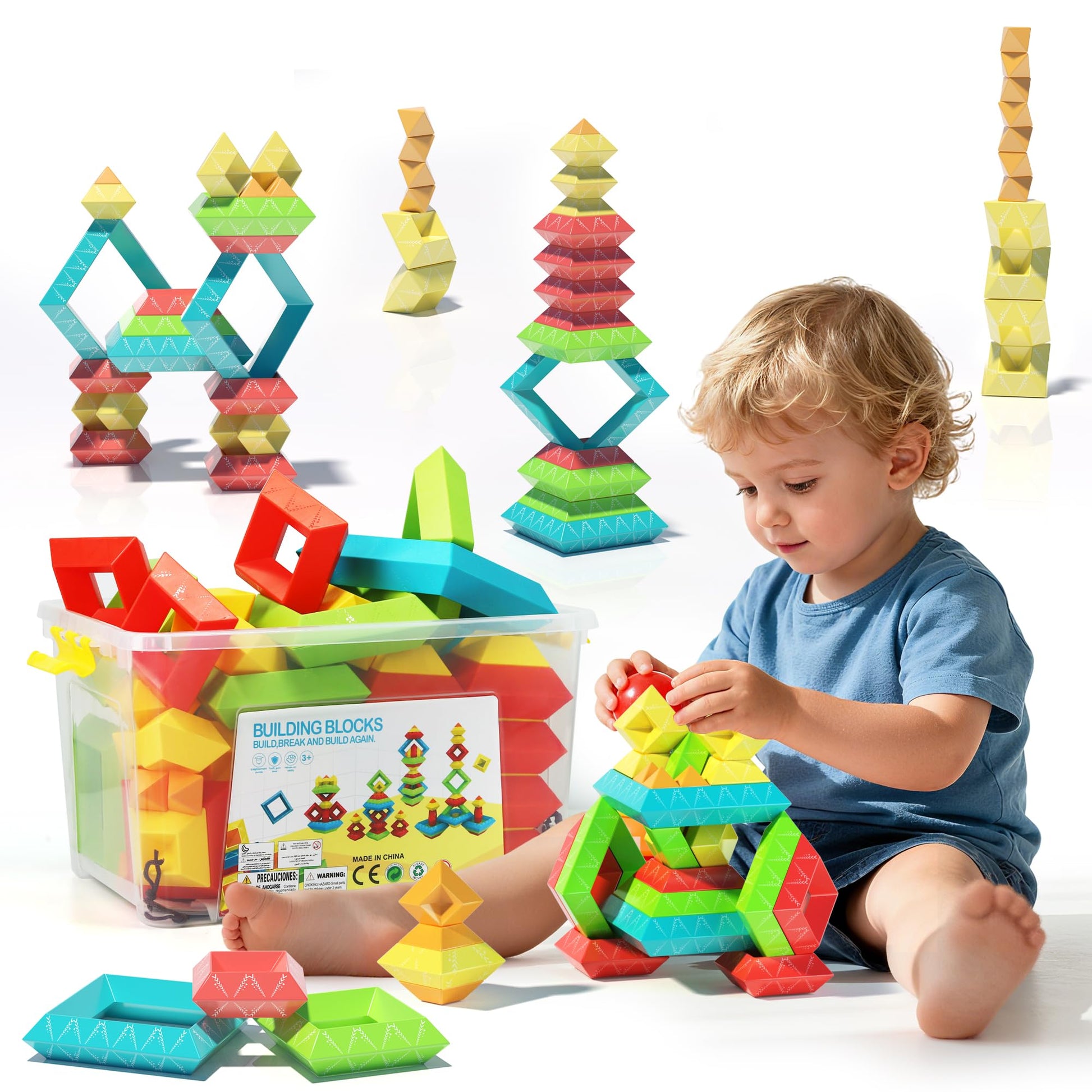 100Pcs Montessori Toys For Ages 1-3 2-5 Toddlers Kids Baby,Pyramid Stacking Building Toys,3D Preschool Learning Blocks For Kids,