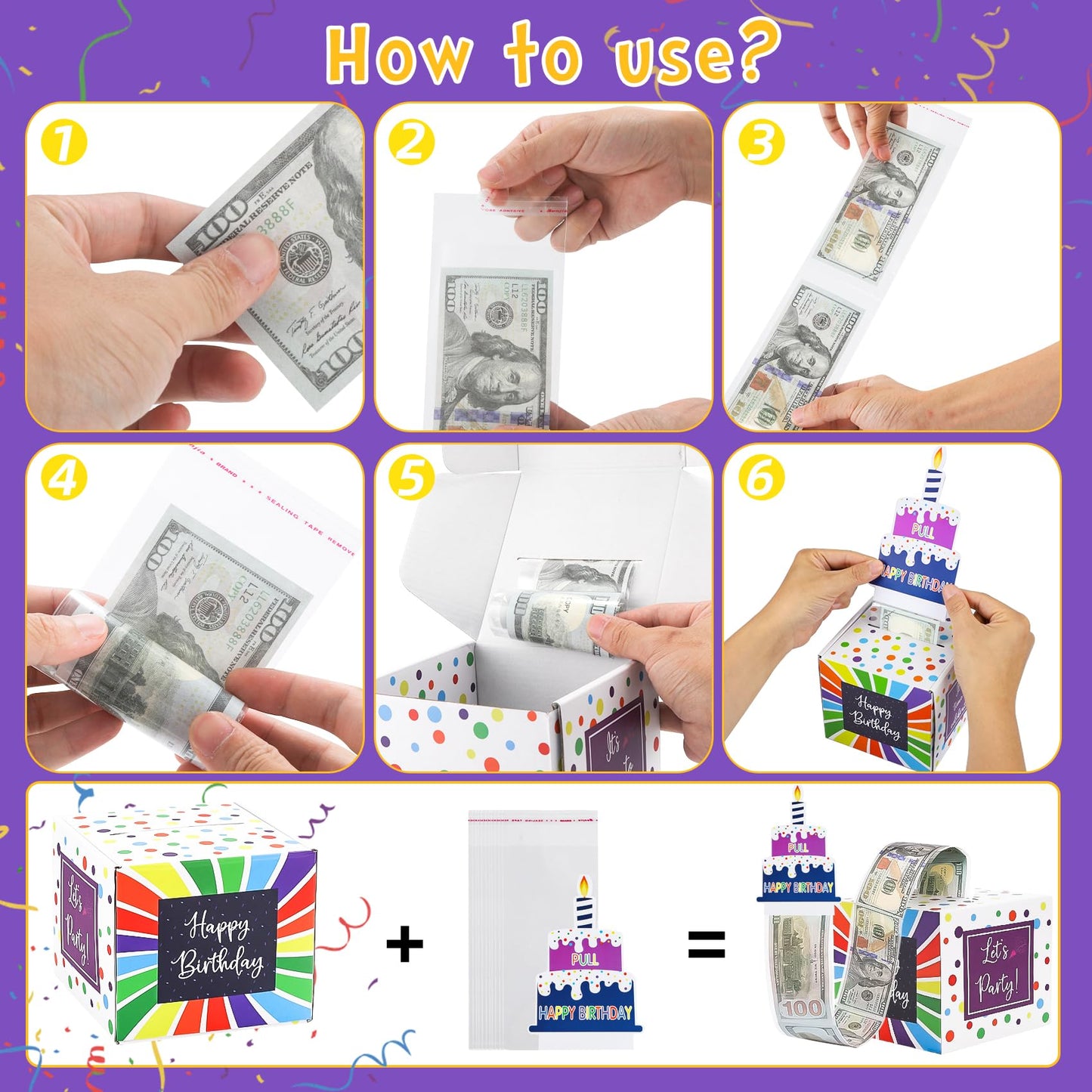 Meiidoshine Birthday Money Box For Cash Pull, Surprise Roll Gift Boxes For Kids Adults With Happy Birthday Day Card And 100Pcs Transparent Bags - A Fun And Loving Way To Give Money As Gift