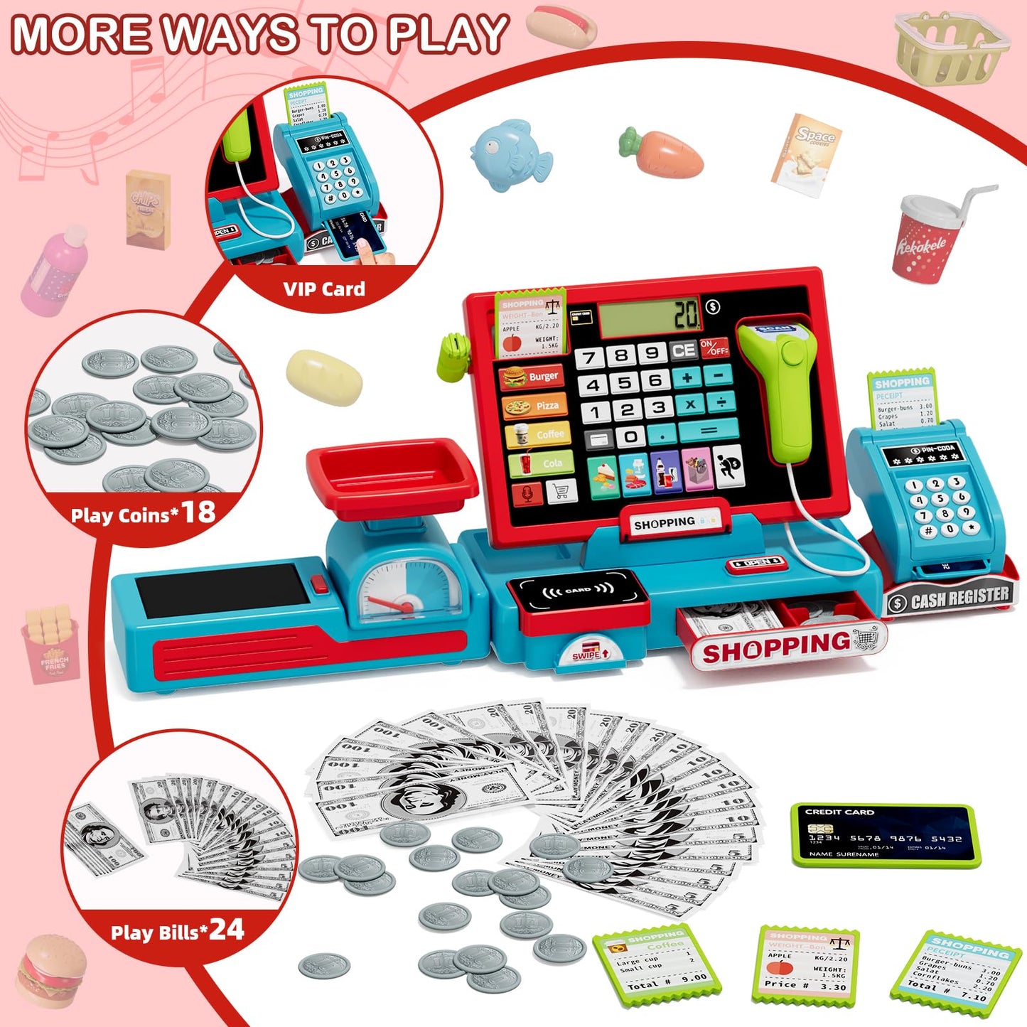 Wee Wonders 63PCS Cash Register for Kids, Kids Cash Register with Real Calculator, Pretend Play Store with Music/Motorized Conve