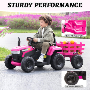 Tobbi Kids Electric Ride On Toy Tractor, 12V Battery-Powered 4 Wheels Ride On Car With Trailer, 35W Dual Motors/3-Gear-Shift/Led Lights/Usb Audio Functions For Toddlers 3-6 Years-Rose Red