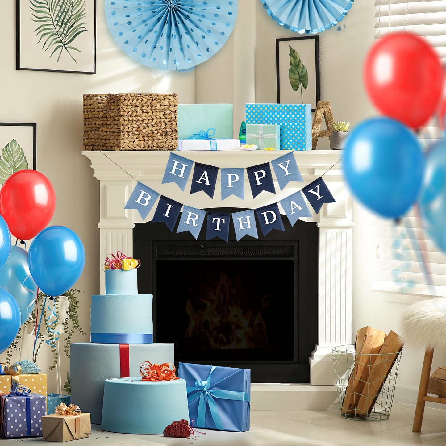 Blue Burlap Happy Birthday Banner, No Diy, Pre Strung And Ready To Hang, Faux Imitation Burlap Birthday Banner, Reusable Birthda