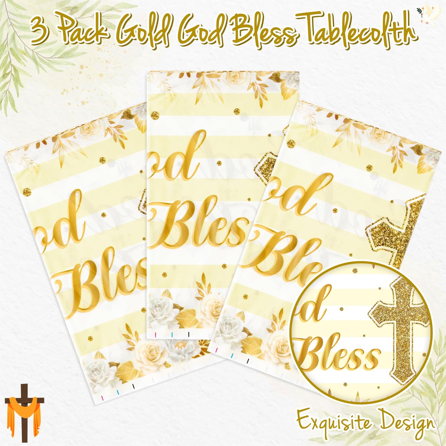 Bkeecten 3 Packs Gold Baby Baptism Party Tablecloths Decorations Flower Theme Displsable Plastic Waterproof Rectangle God Bless