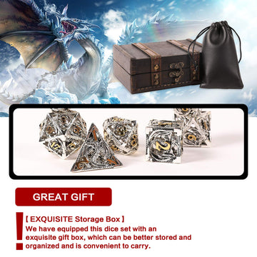 Ancient Deer 7pcs Metal Dice Set - Silver Dragon Pattern for D&D, RPG, MTG, Pathfinder, Tabletop Games