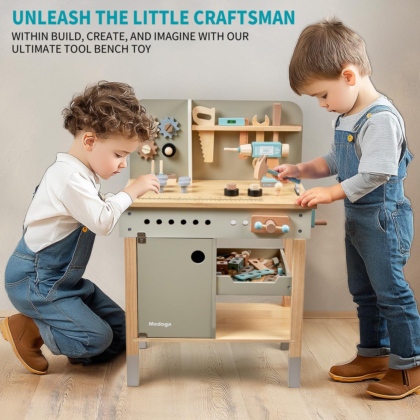 Kids Tool Bench,Wooden Play Tools Set with Kids Tool Belt Toddlers Workbench Pretend Construction Tools Set Wooden Toy Drill Gif