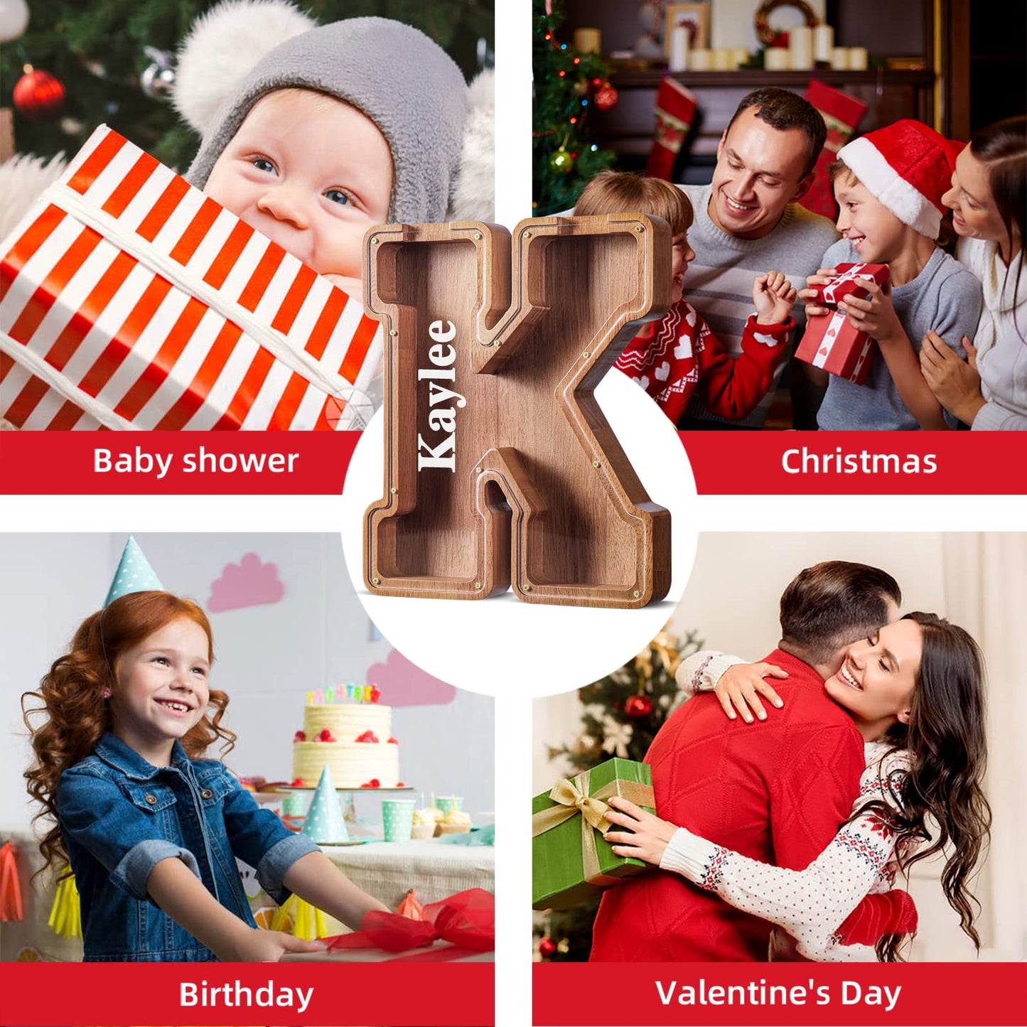 Customized Name Large Wooden Piggy Bank For Kids Boys Girls Alphabets Letter A-Z Coins Bills Money Change Bank Box Initial On Clear Cover (Laser Engraved) (Alphabet-J, Initial-12)