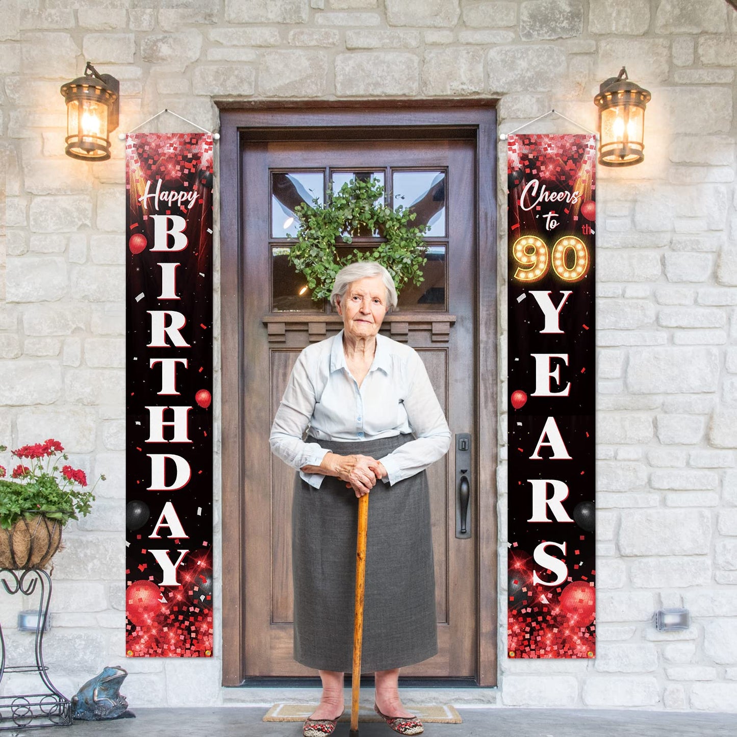 Happy 90Th Birthday Porch Sign Door Banner Decor Red And Black - Glitter Cheers To 90 Years Old Birthday Party Theme Decorations