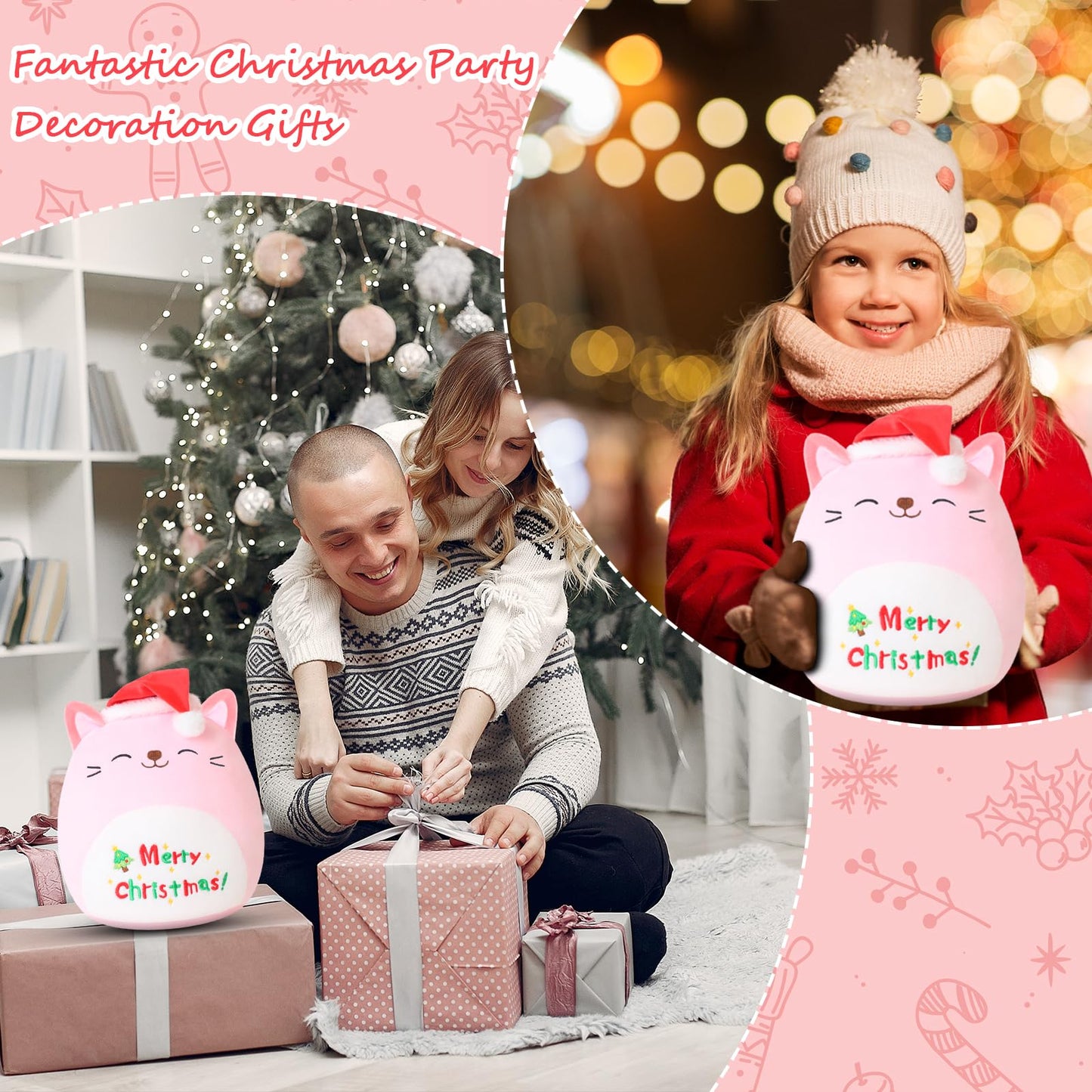 Sqeqe Christmas Cat Stuffed Animal Pink Cat Plush Wearing Christmas Hat Kawaii Christmas Cat Plushies Toys Soft Hone Plushie Decoration Gifts For Boys Girls (Christmas Caticorn, 10 Inch)