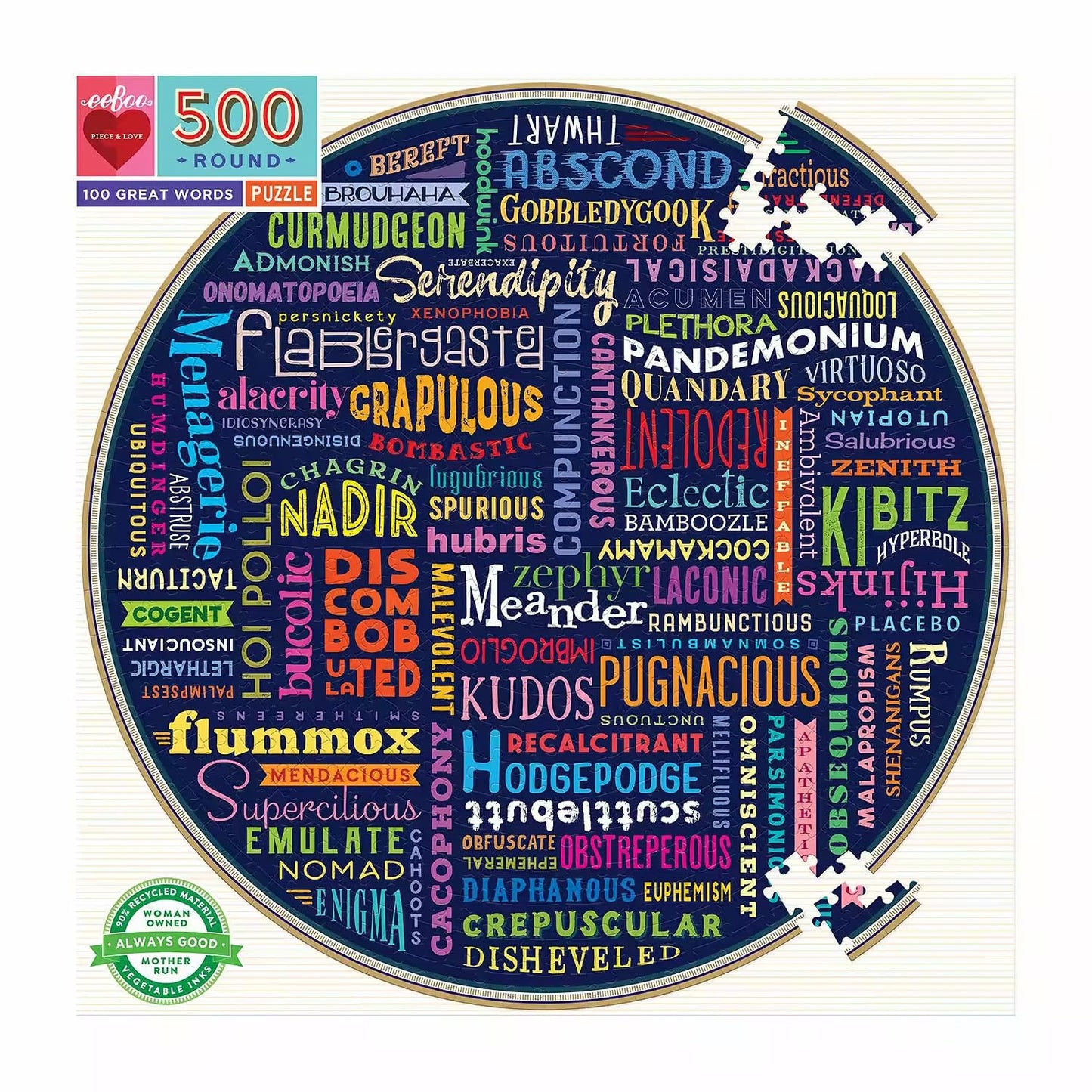 Eeboo: Piece And Love 500 100 Great Words Piece Round Circle Jigsaw Puzzle, Puzzle For Adults And Families, Glossy, Sturdy Pieces And Minimal Puzzle Dust