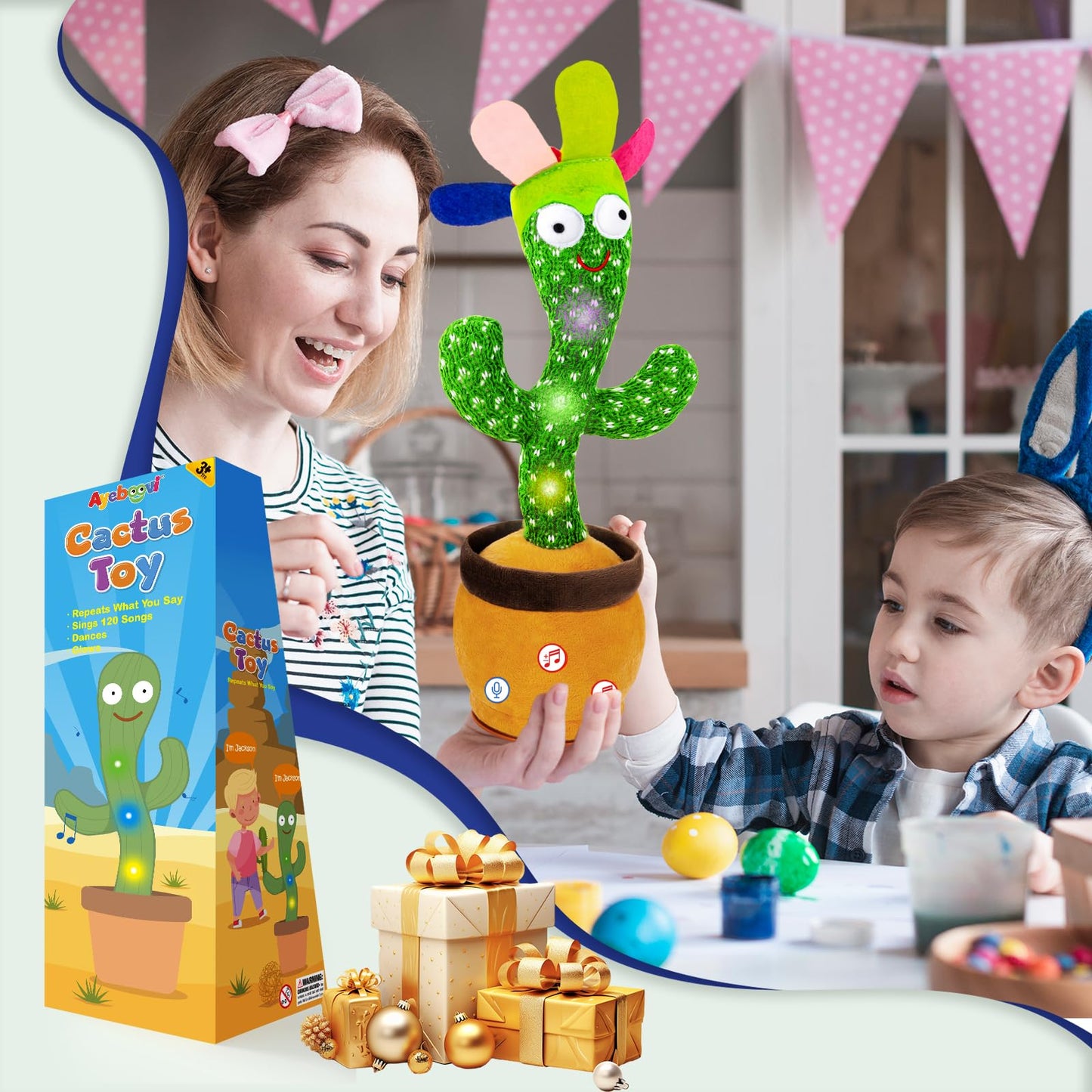 Ayeboovi Dancing Talking Cactus Toy for Kids, Adjustable Volume, Singing & Mimicking Cactus with Recording and Repeating Feature