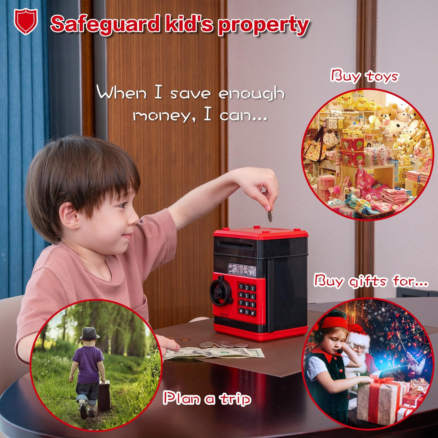 Evthsu Red Electronic Atm Safe Piggy Bank For Kids - Real Money Savings Coin Bank With Code Lock & Password, Gift Money Box For