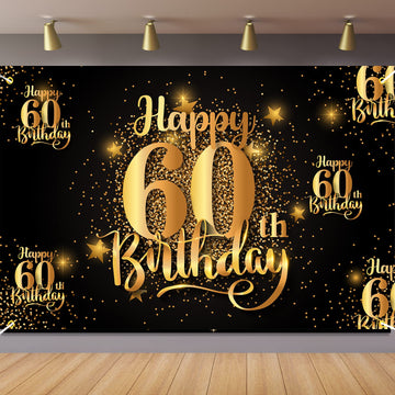 Nc Happy 60Th Birthday Backdrop Banner Step And Repeat 60 Years Old Background Decorations For Women Men Her Him Photography Party Supplies Glitter Black Gold
