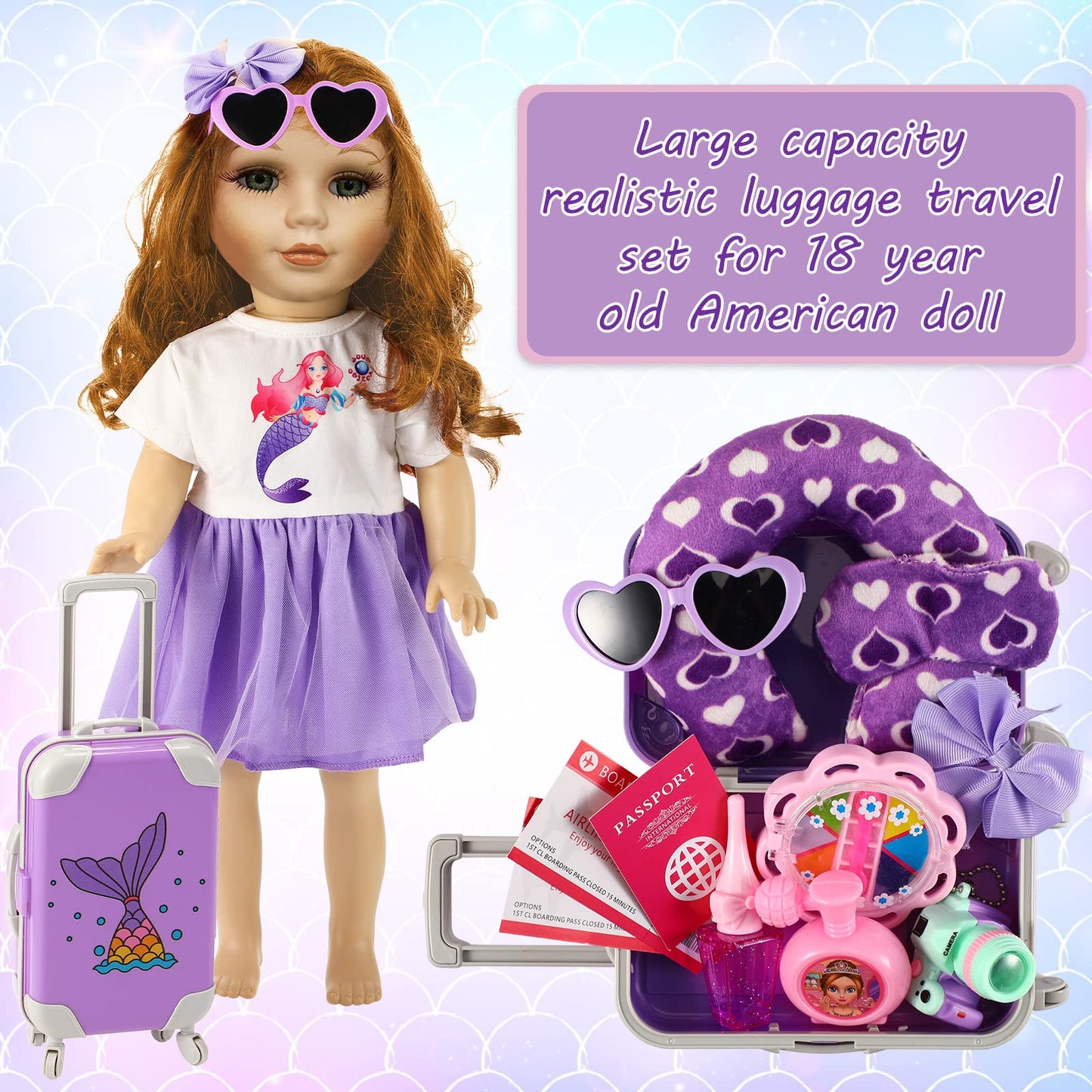 Travel Luggage Play Set For 18 Inch Doll Accessories And Furniture Doll Luggage Seat With Mermaid Doll Clothes Sunglasses Camera