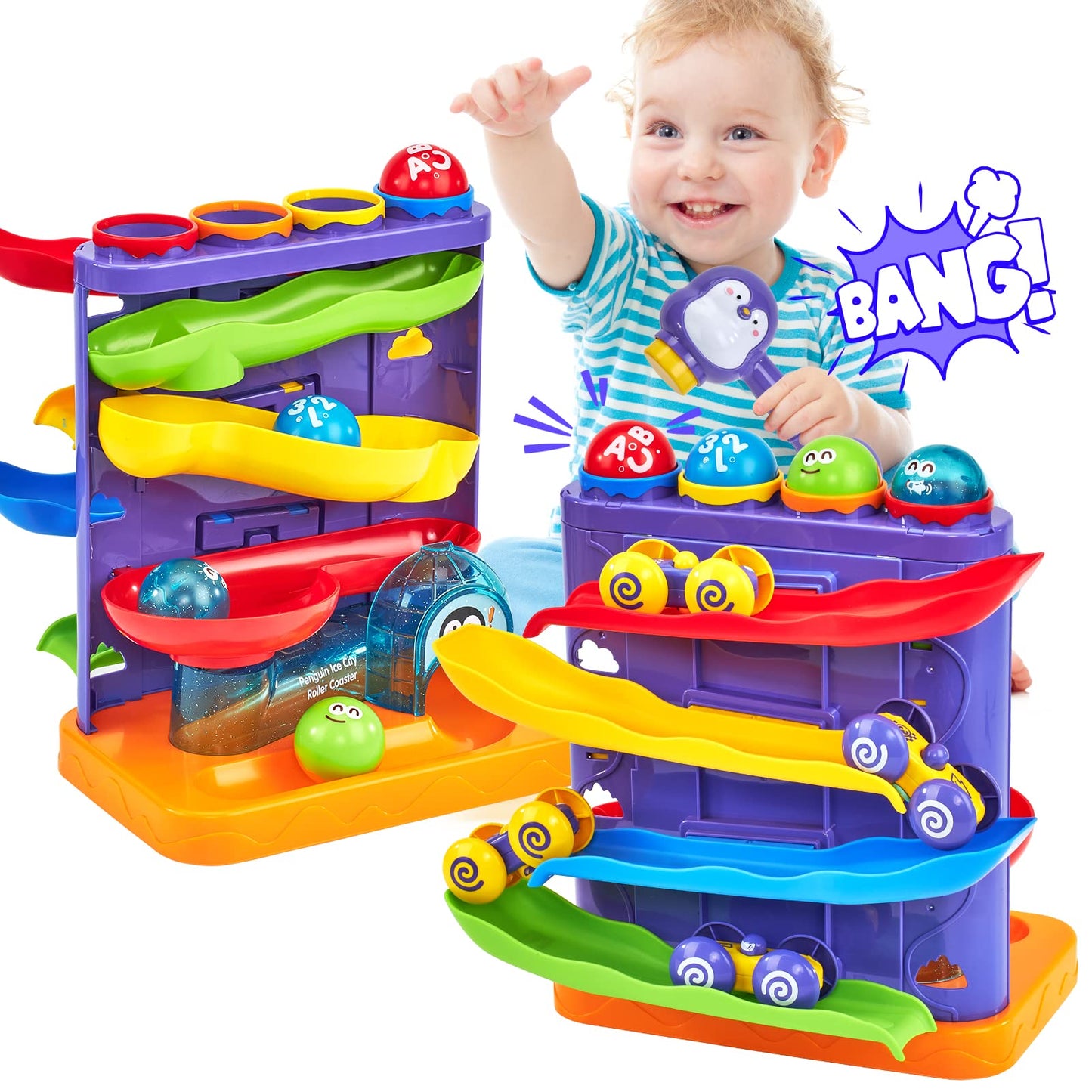 Toddler Toys For 1 Year Old Boy Birthday Gift 2 In 1 Pound Ball Toy & Car Ramp Race Track Learning Active Early Developmental Montessori Toys For 1-Year-Old Birthday Gifts For 1 2 3 Year-Old Boy Girl