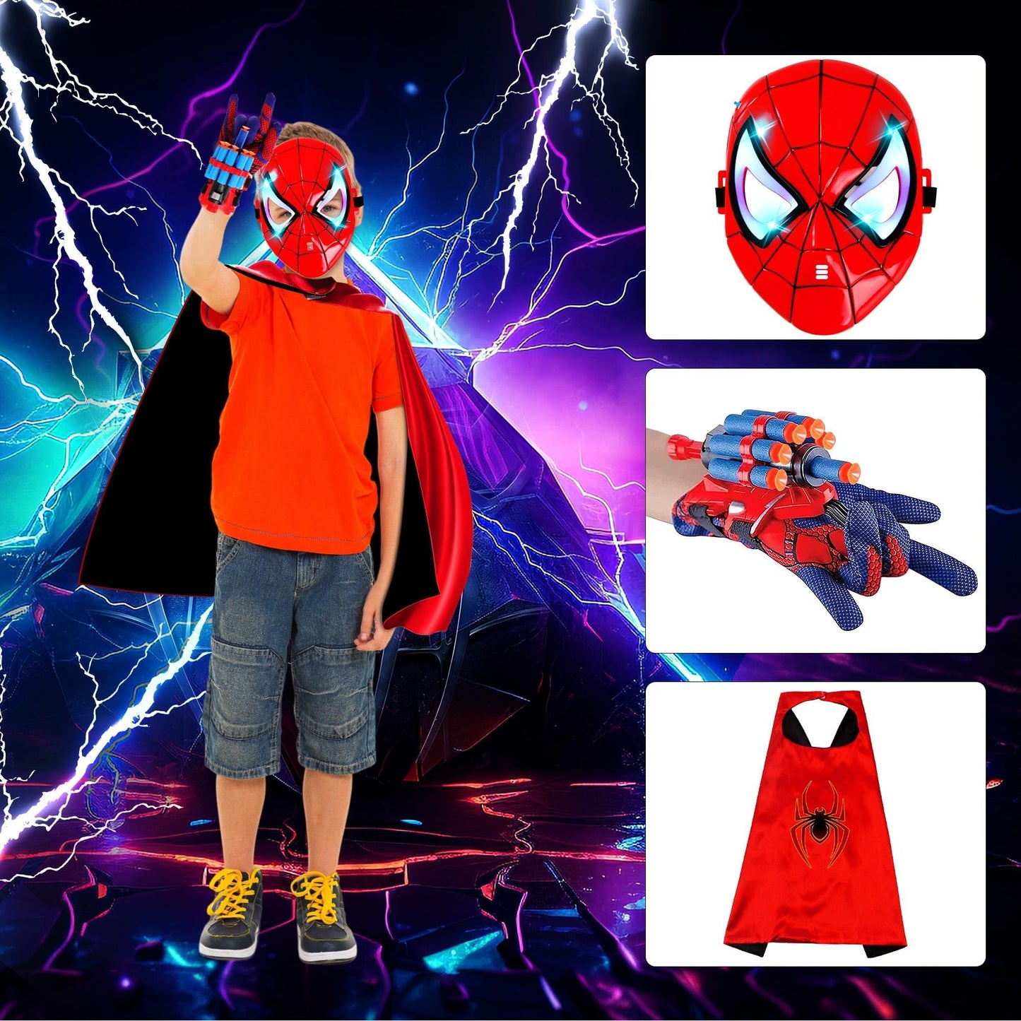 Web Shooters Game for Kids - Kids Capes and LED Mask Set - Hero Glowing Mask - Reproducing Movie Scenes, Cosplay Costume for Boy